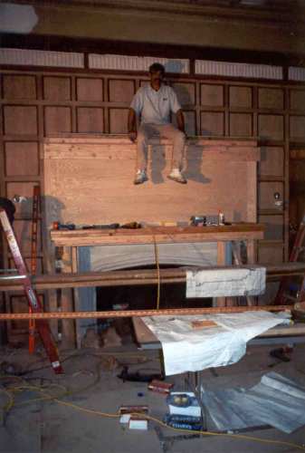  The giant fireplace mantel was reconstructed in place. 