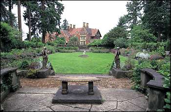 This view of Thornewood Castle is from the far end of the secret garden. The half-acre walled garden was part of the original 30 acres of formal gardens written up in a 1926 edition of House Beautiful and preserved on glass slides taken by the Garden Club of America.