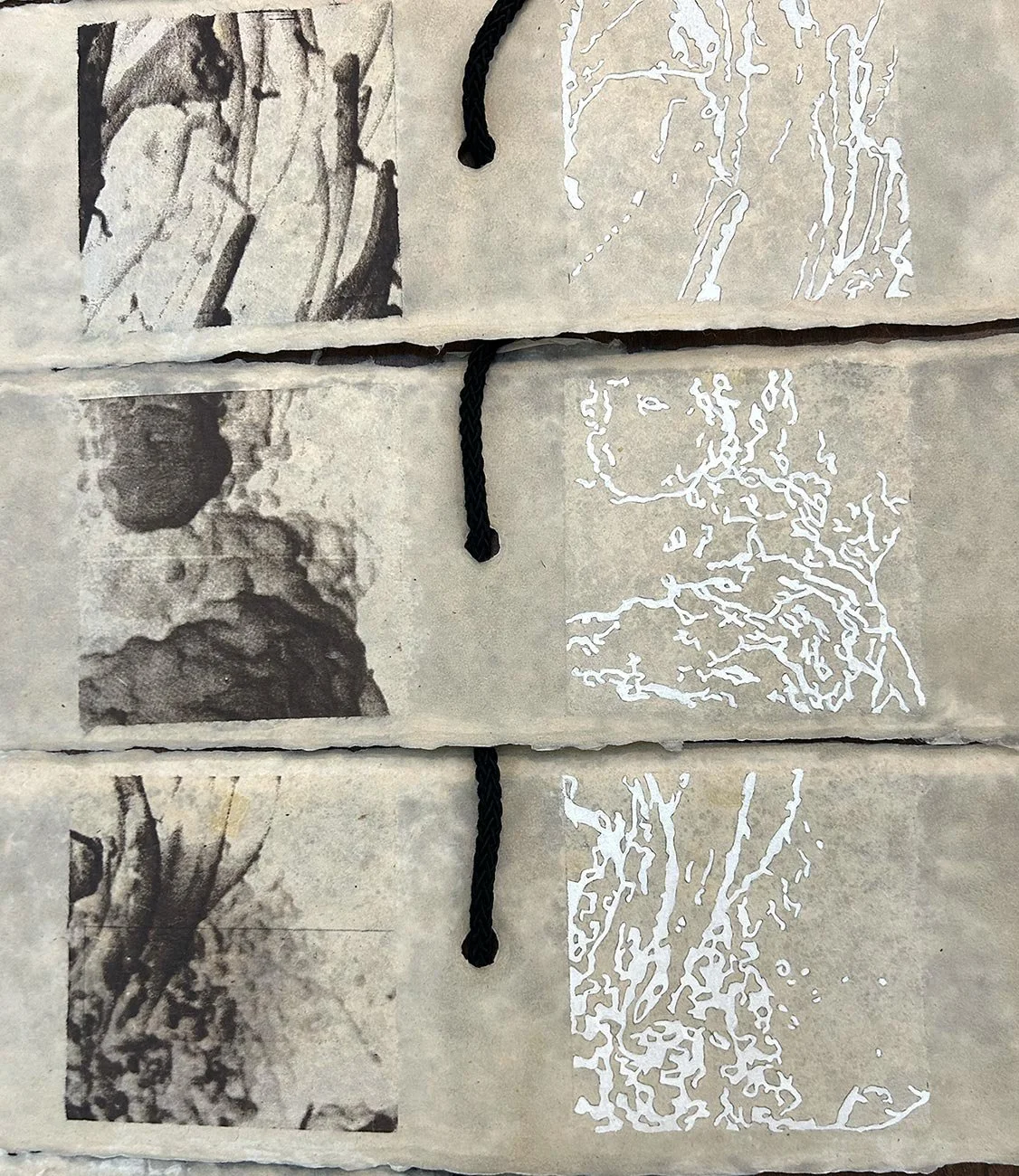 Closeup-Book of Changes #2 29x38”, handmade paper, rice paper, photosilkscreen & gouache. 1991 Back to Artist Books & Editions