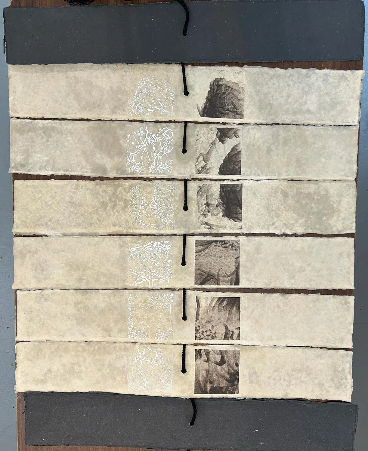 Book of Changes #5 9x38”, handmade paper, rice paper, photosilkscreen & gouache. 1991 Back to Artist Books & Editions