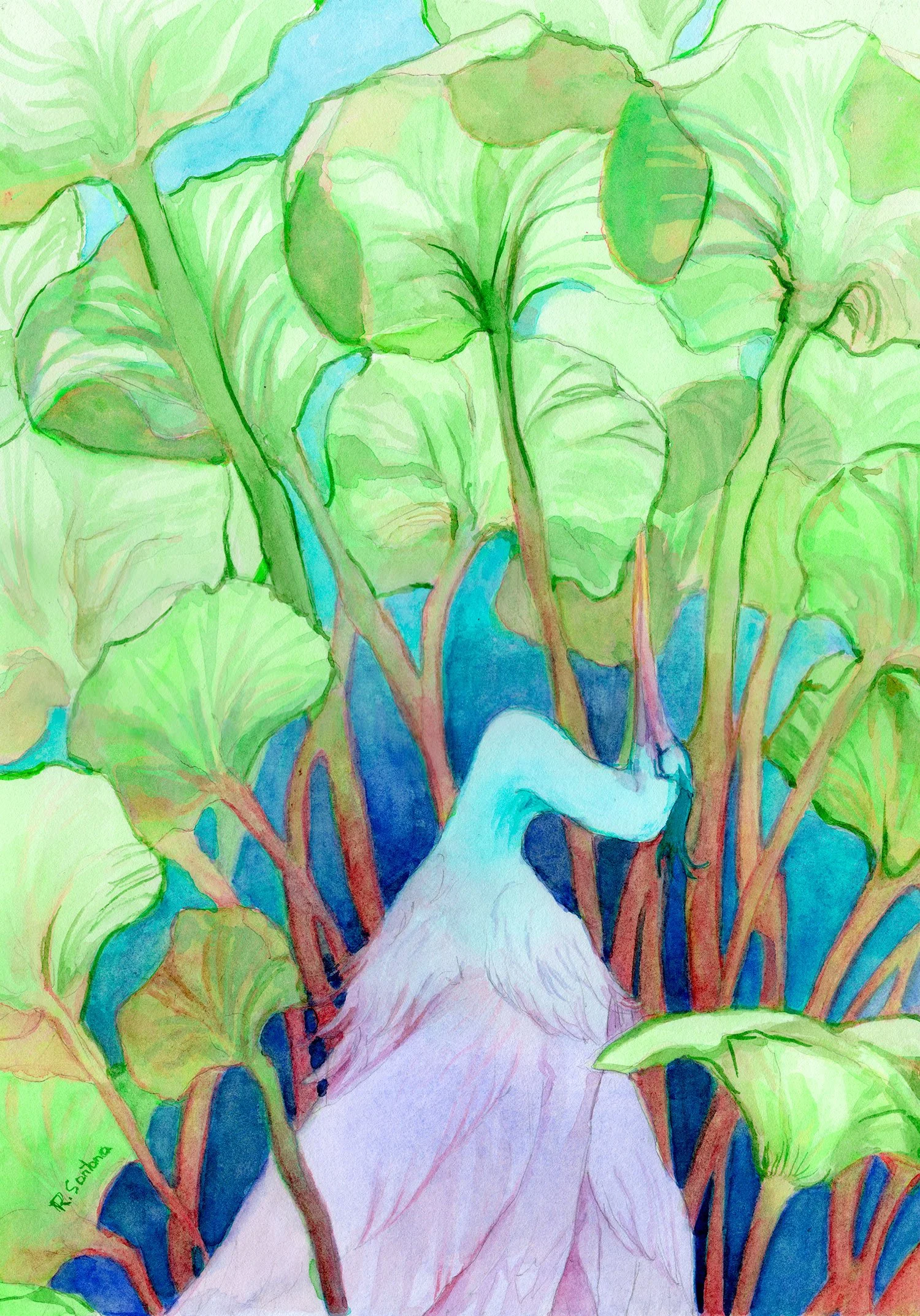 Watercolor illustration of a heron japanese inspired