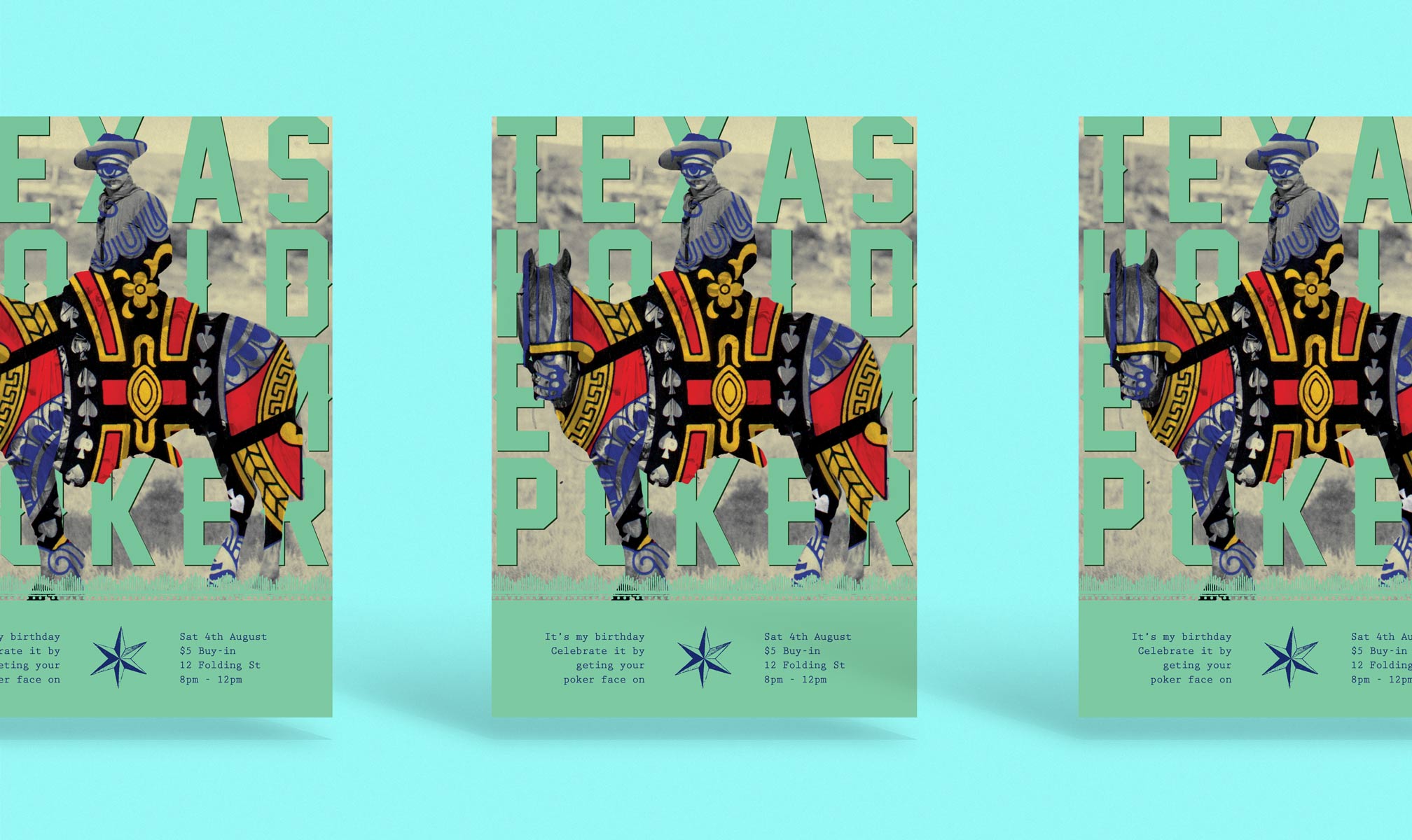 This Texas Hold Em Poker poster is a homage to my obsession for mono-spaced type, Americana, surreal art and layering.