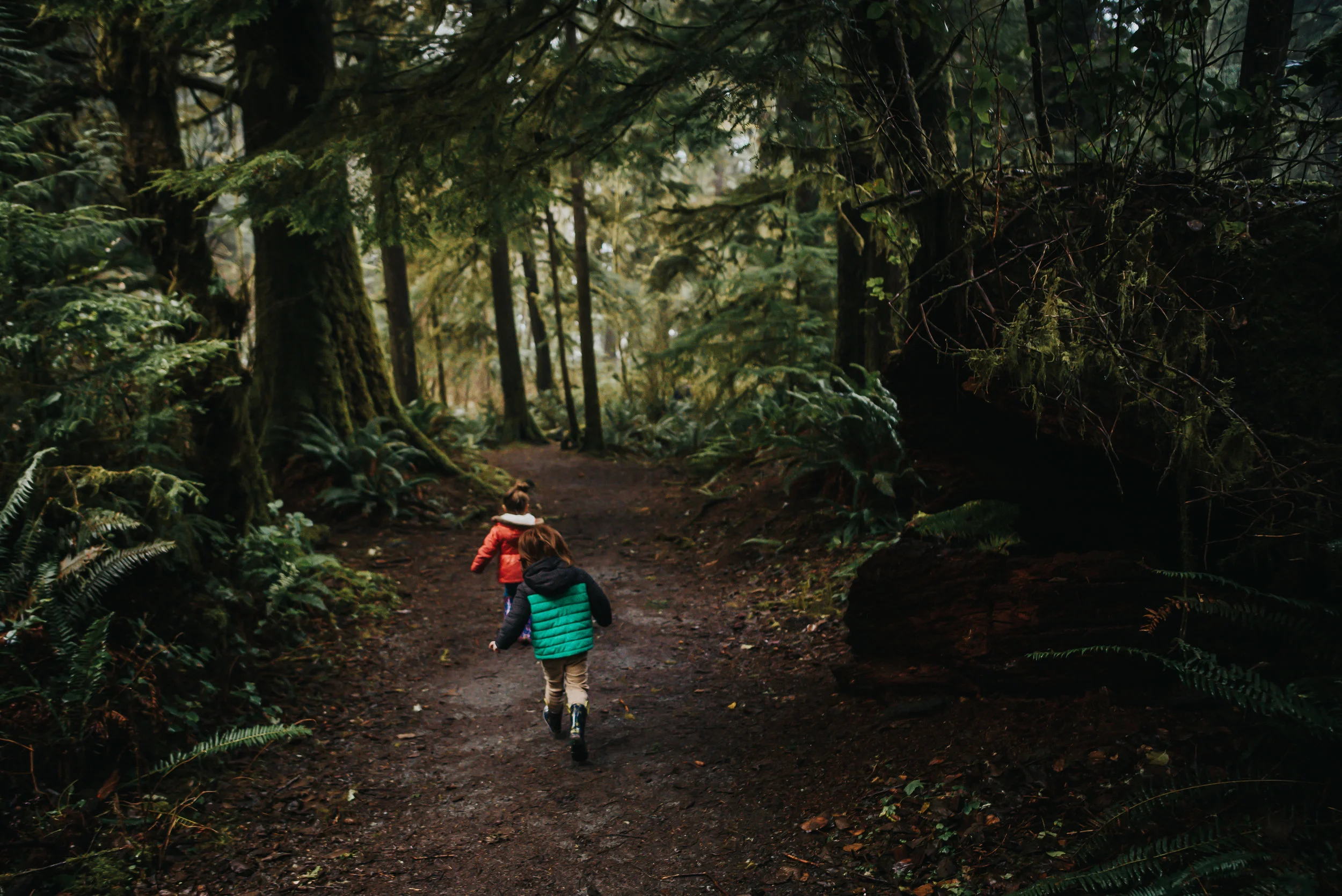 Twins play in the forest on trek down to the pacific coast in Oregon.