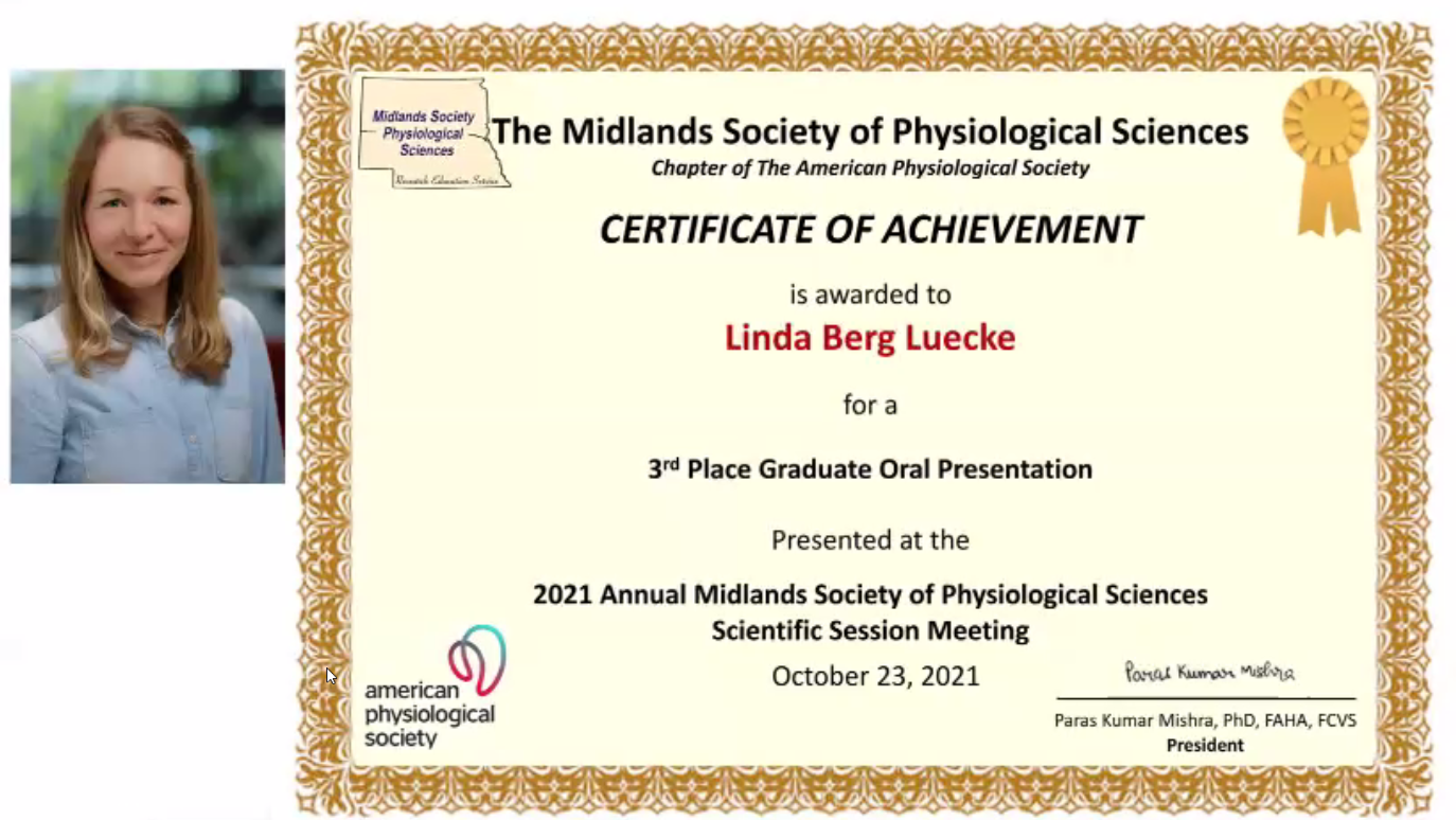 Linda Berg Luecke places 3rd in the Midlands Physiology Society oral presentation competition