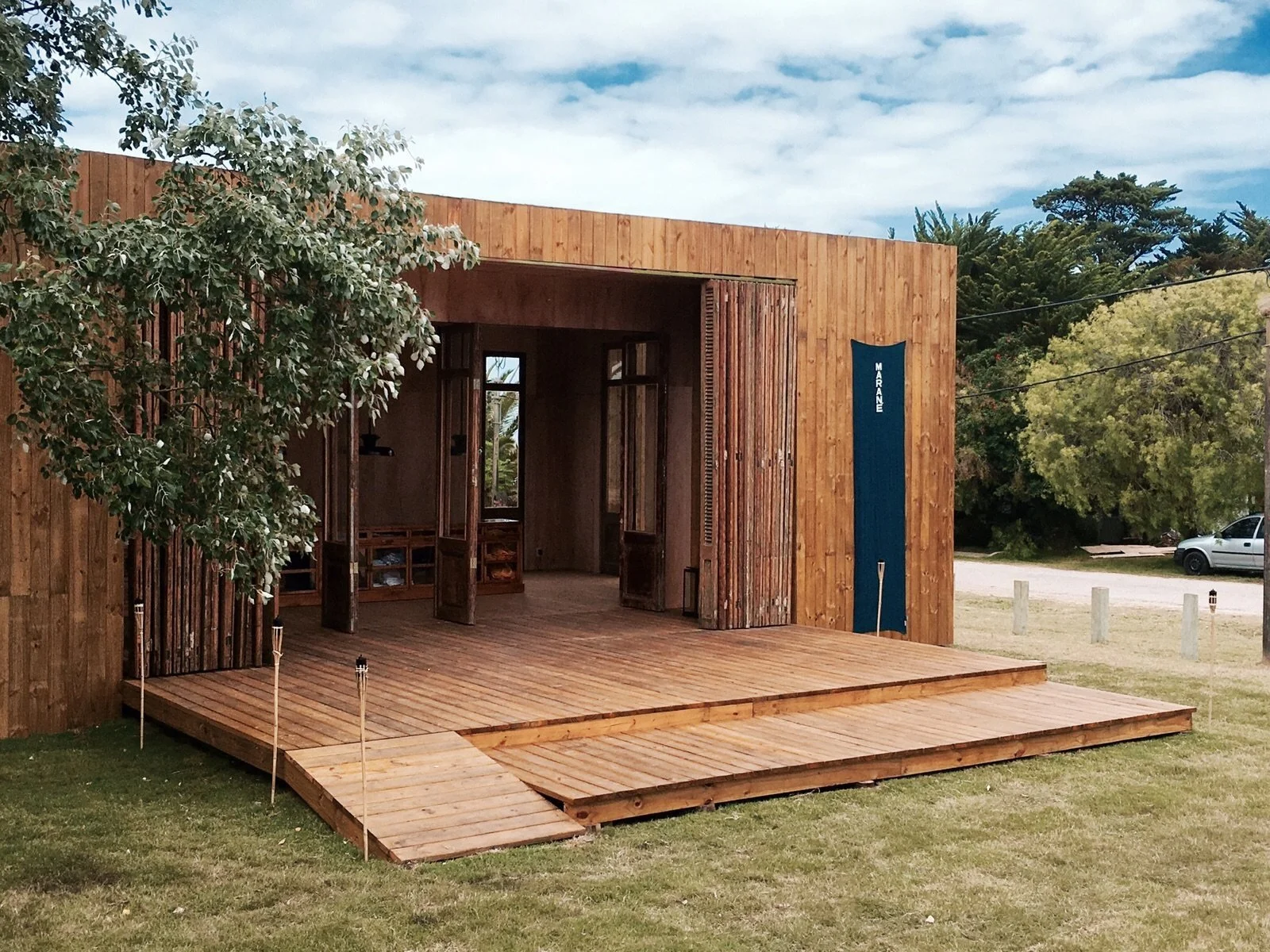Casa Marane flagship store exterior in Uruguay, built in 28 days from local eucalyptus