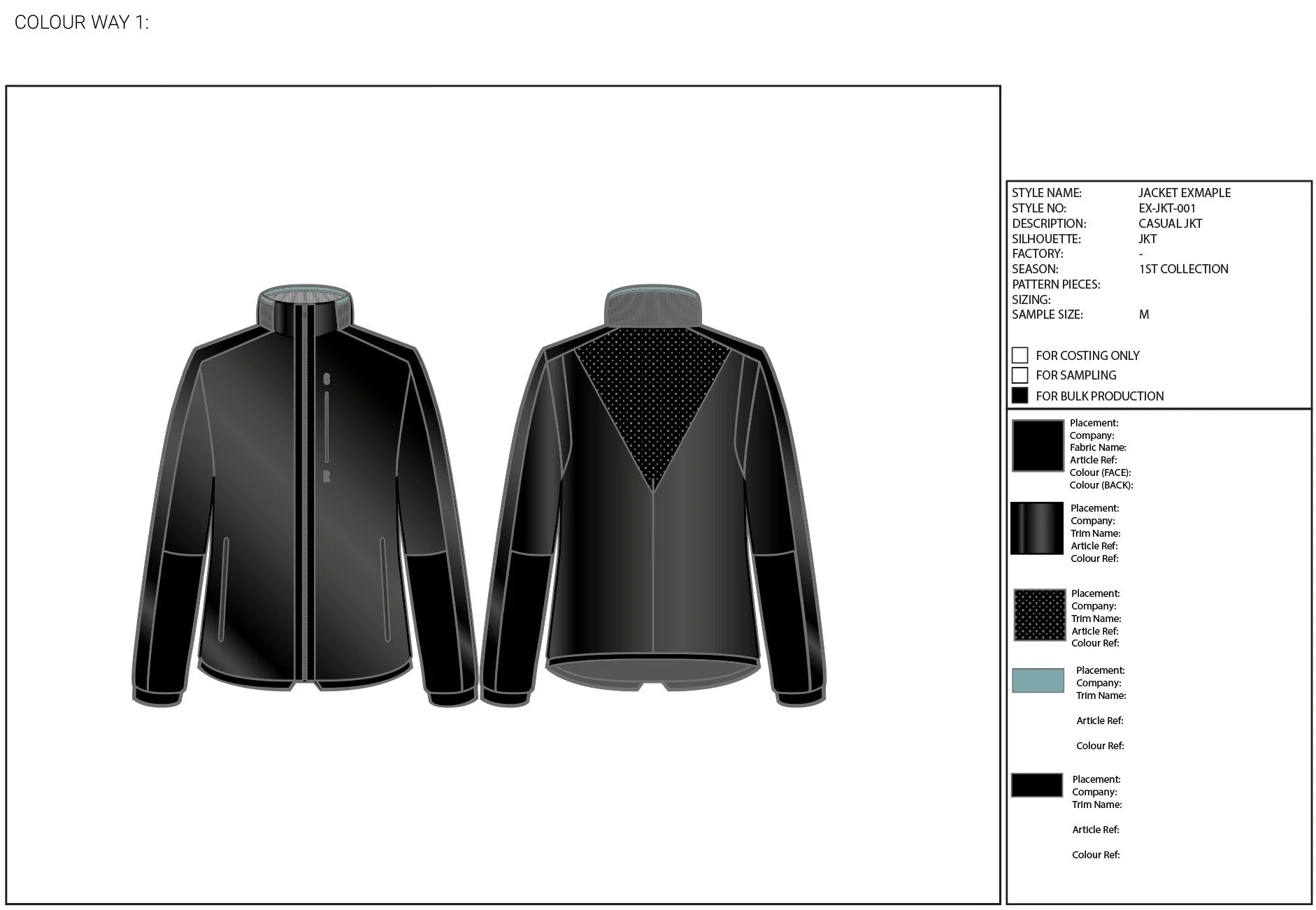 EXAMPLE OF A COLOURWAY PAGE FOR TECHNICAL PACK