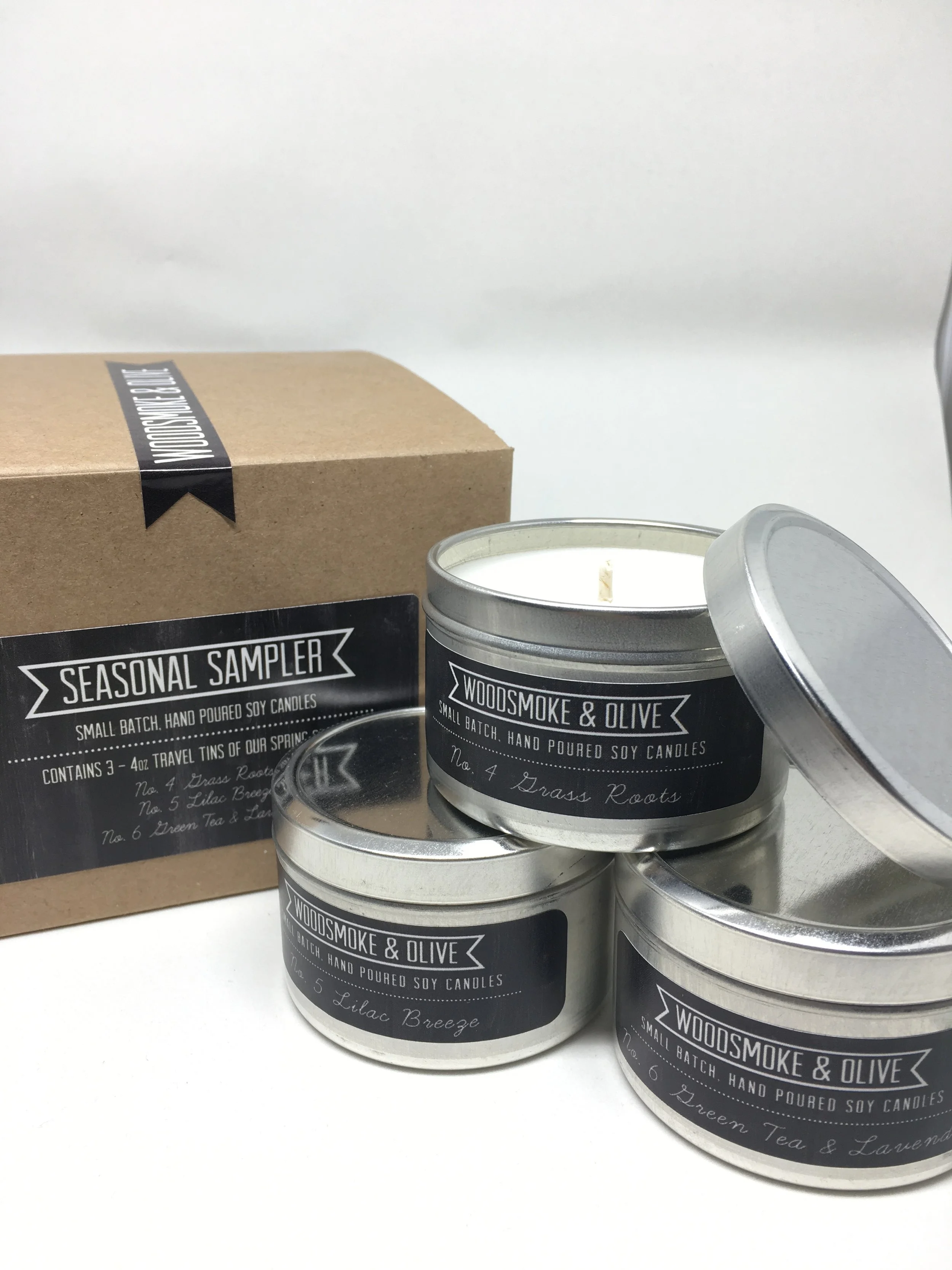 Spring Sampler Pack All three spring scents in one convenient pack. Three 4 oz tin candles packaged in a recycled kraft box with kraft tissue. Perfect for gifting! Burn Time: approx. 14 hours each tin.