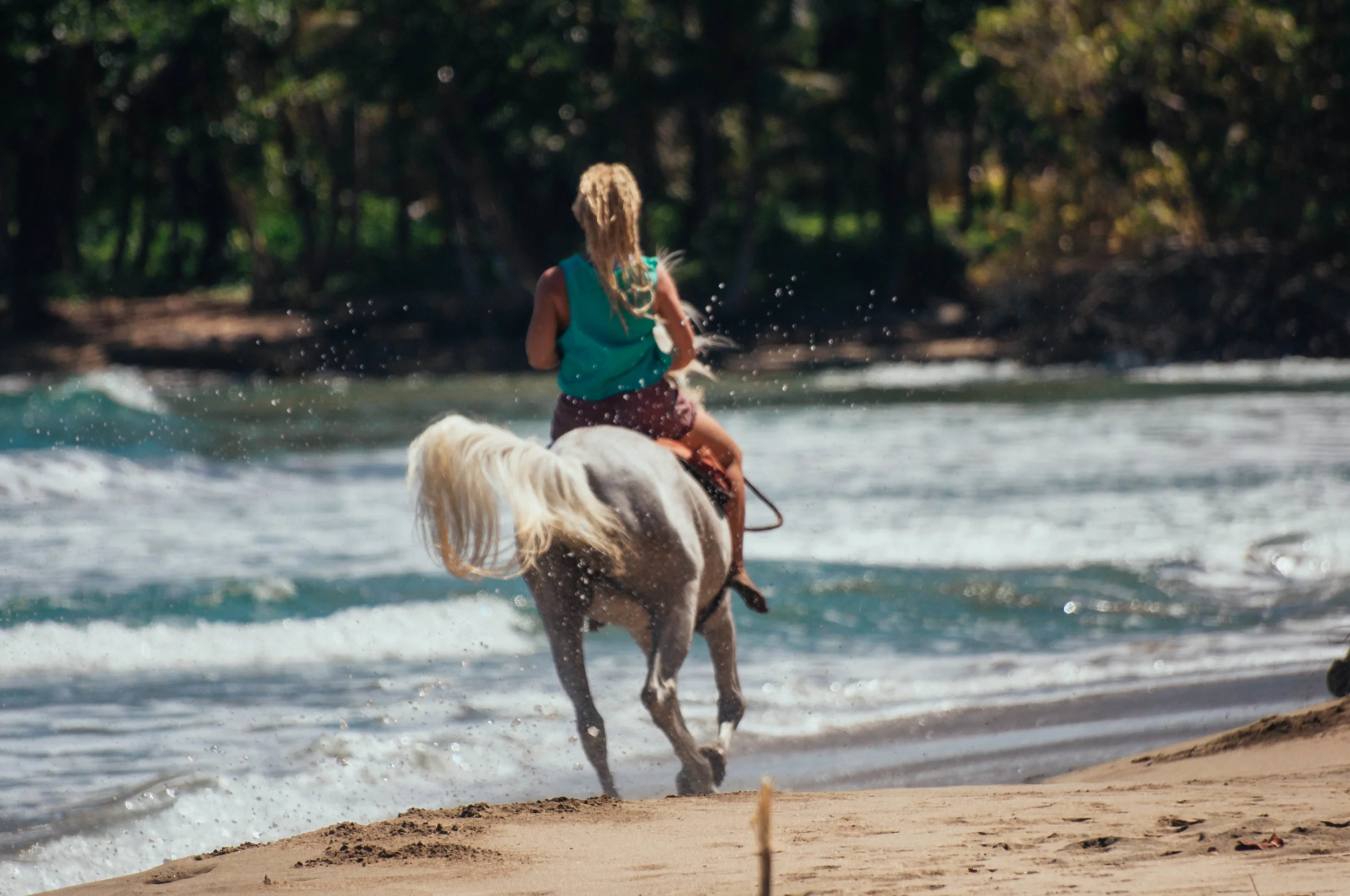 Johanna, a volunteer from Sweden, more like a family member now since almost 2 years, gallops down Playa Cocles with Shad.