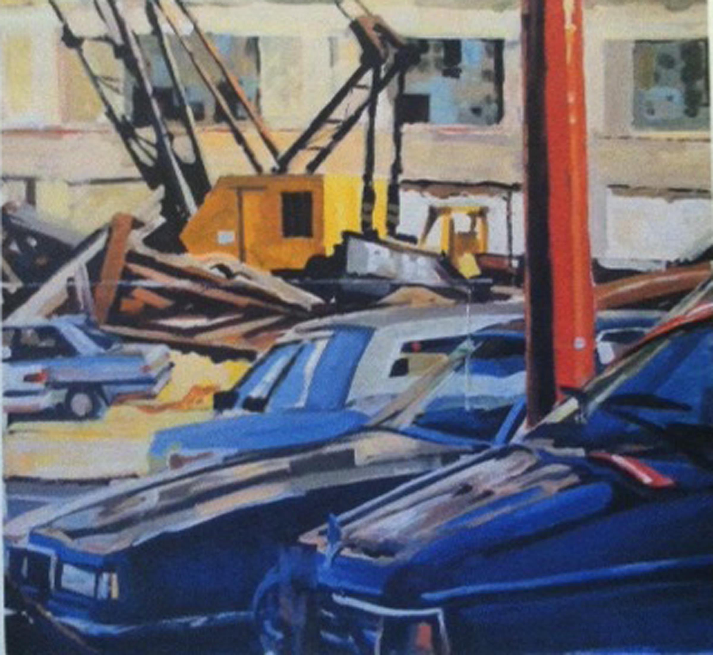 Cars, Yellow Crane & Demolition, acrylic on paper, 28" x 36", 1990