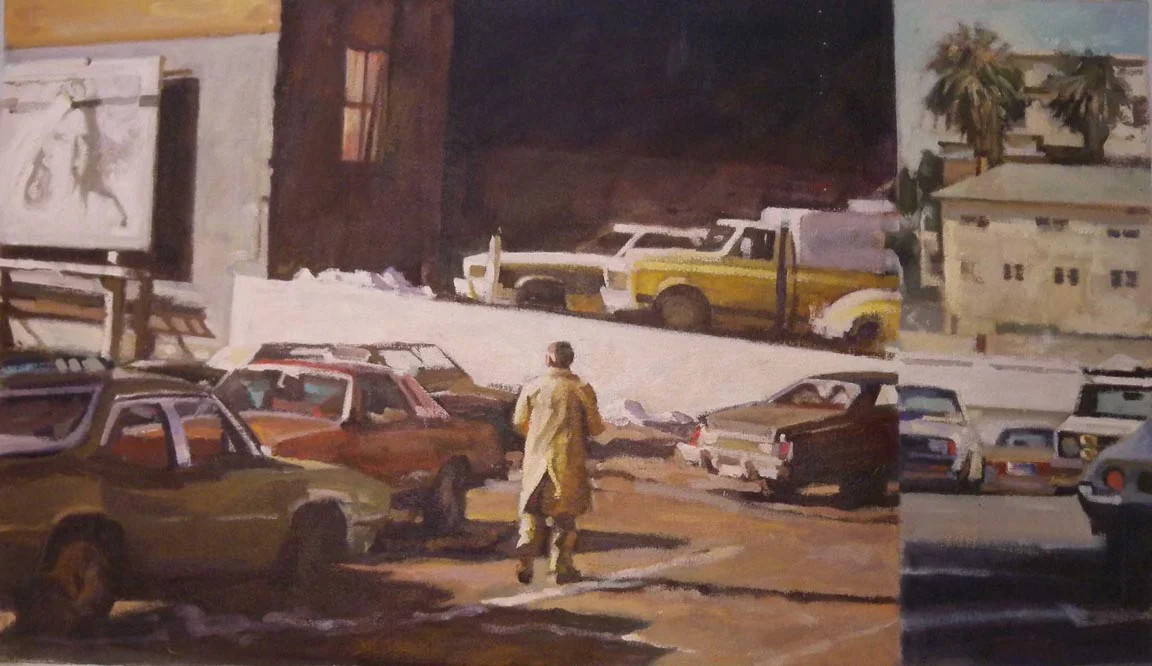Trench Coat Billboard Split, acrylic on canvas, 21 1/2" x 37"