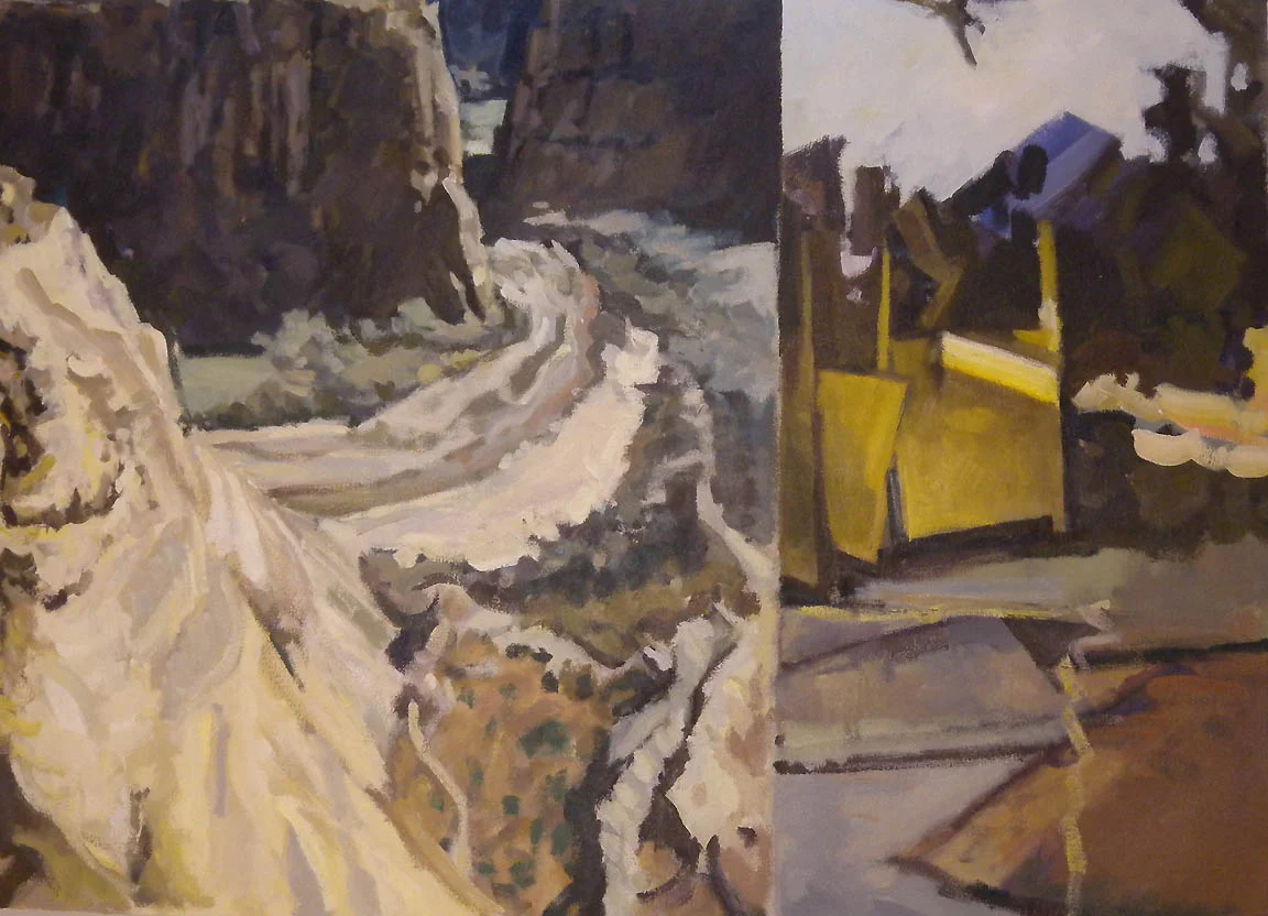 Canyon & Construction Split, acrylic on canvas, 26 1/2" x 36 1/2"