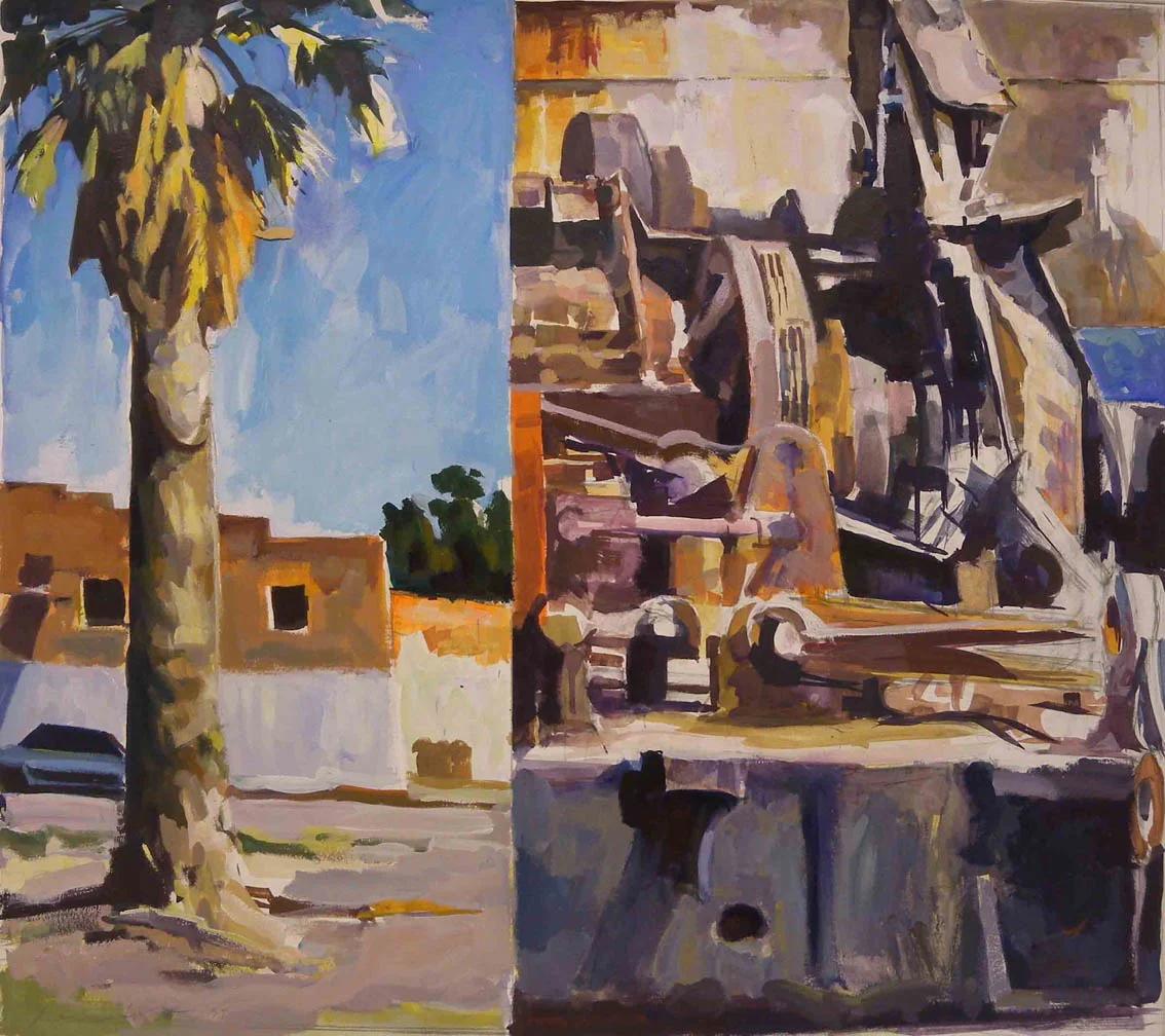 Palm Tree & Machine Split, acrylic on paper, 26 1/2" x 29 3/4", 1997