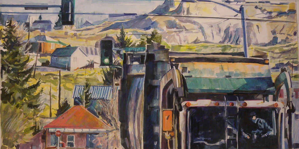 Butte Trash Truck, Greenlight, watercolor on paper, 18" x 36"