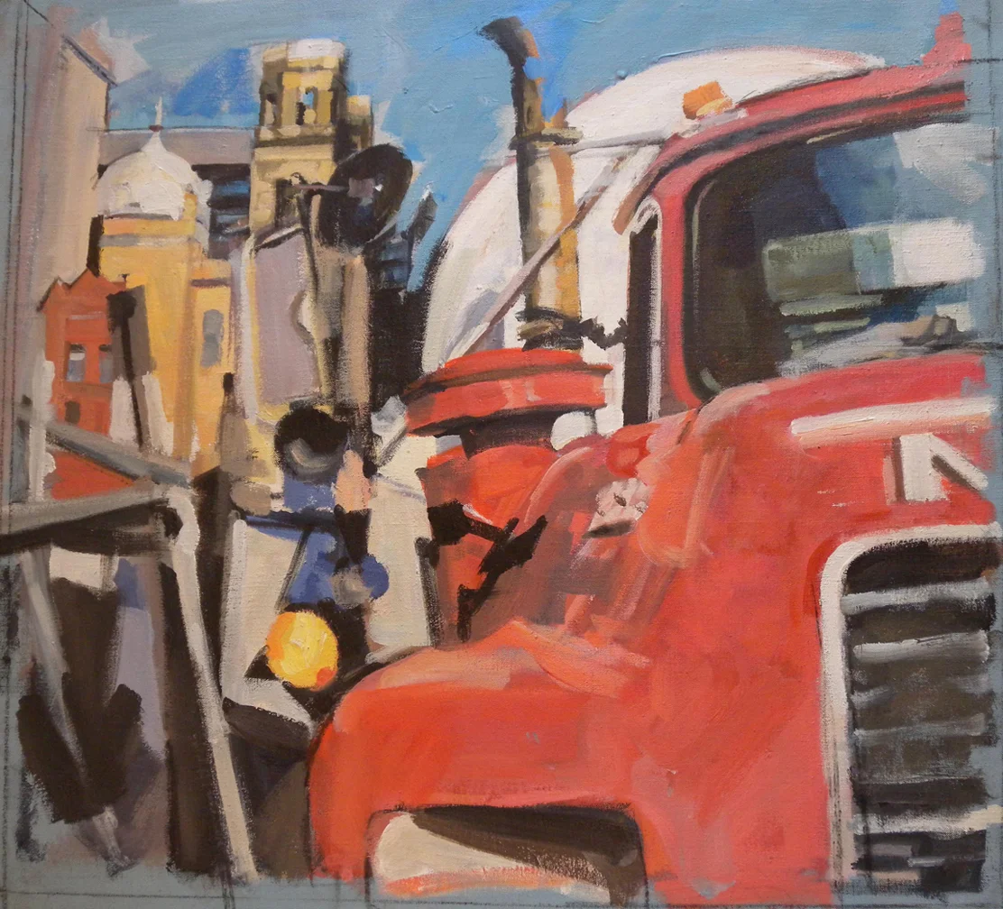 Red Truck and Synagogue, acrylic on canvas, 26" x 28", Smithsonian American Art Museum Collection On Exhibit, AU Katzen Center, DC