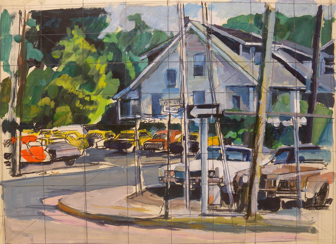 Arlington Cabs (study), watercolor, ink, & acrylic, 18" x 24"