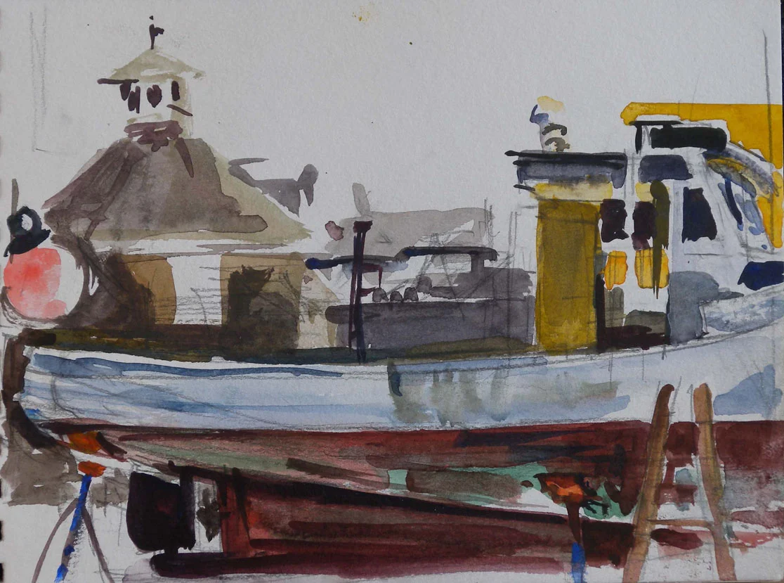 Boatyard View, pencil & watercolor on paper from sketch book, 9" x 12"