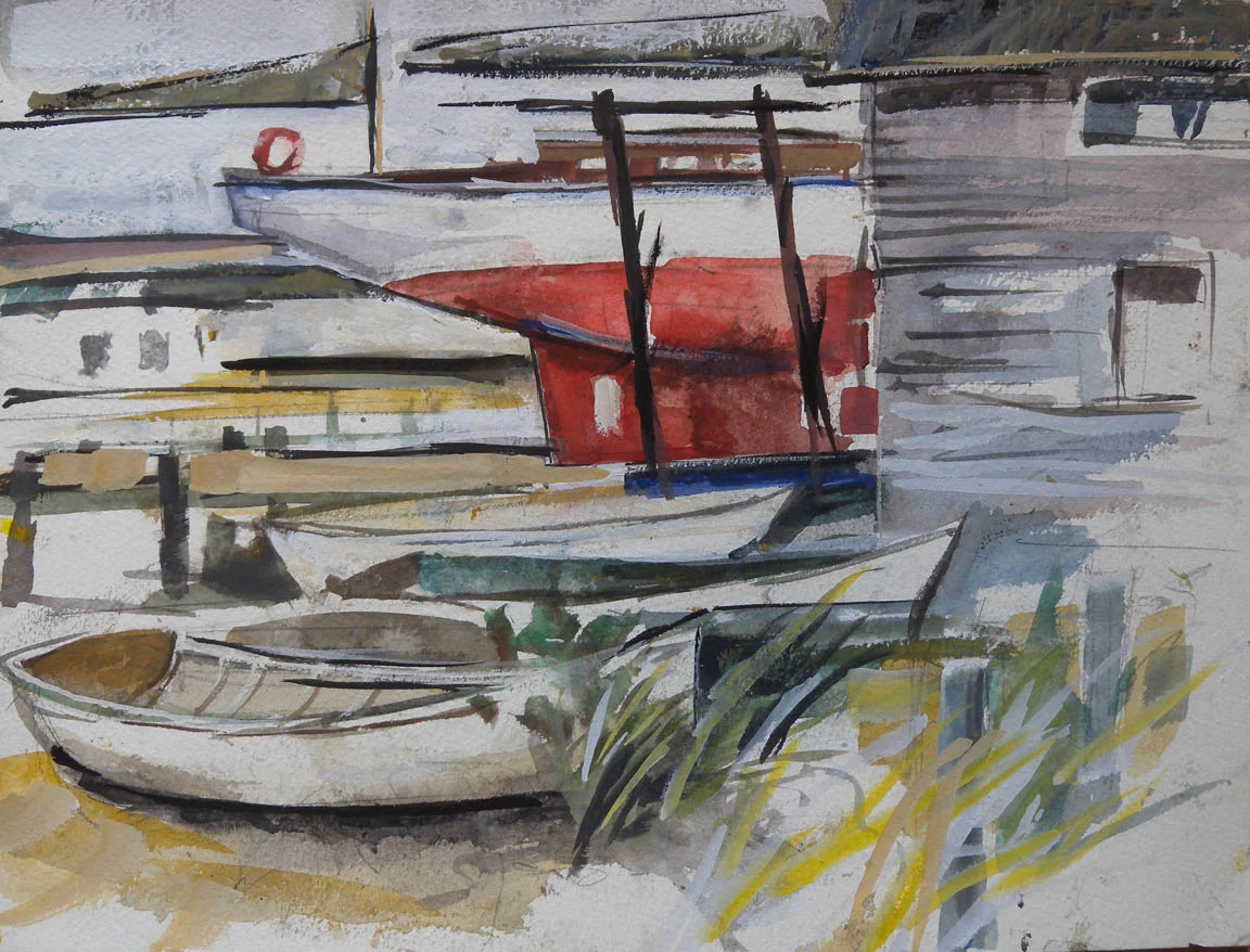 Vineyard Haven Boatyard, watercolor on paper, 9" x 12"