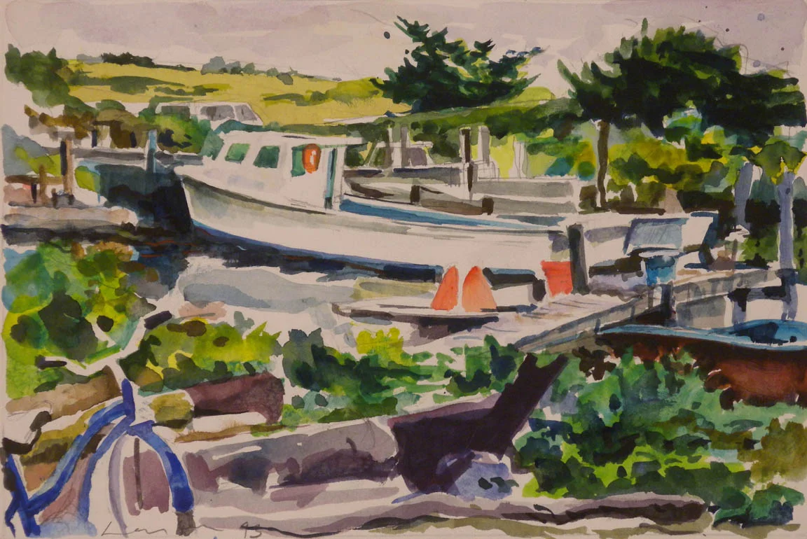 Avon NC Dock, Boats & Bike, watercolor, 6 1/2" x 9 1/2"