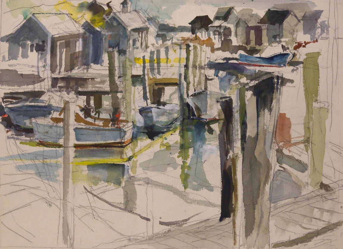 Avon NC View of Docks, watercolor on paper, 17" x 23"
