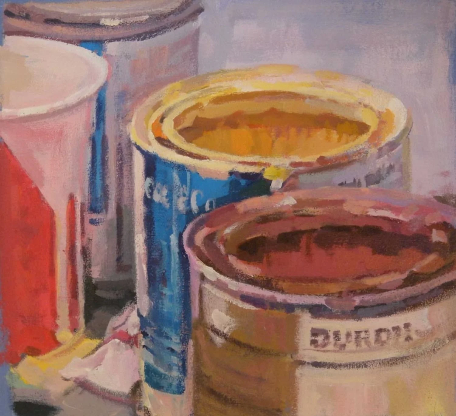 Paint Cans Squared, acrylic on canvas on bars, 13" x 14" Private Collection