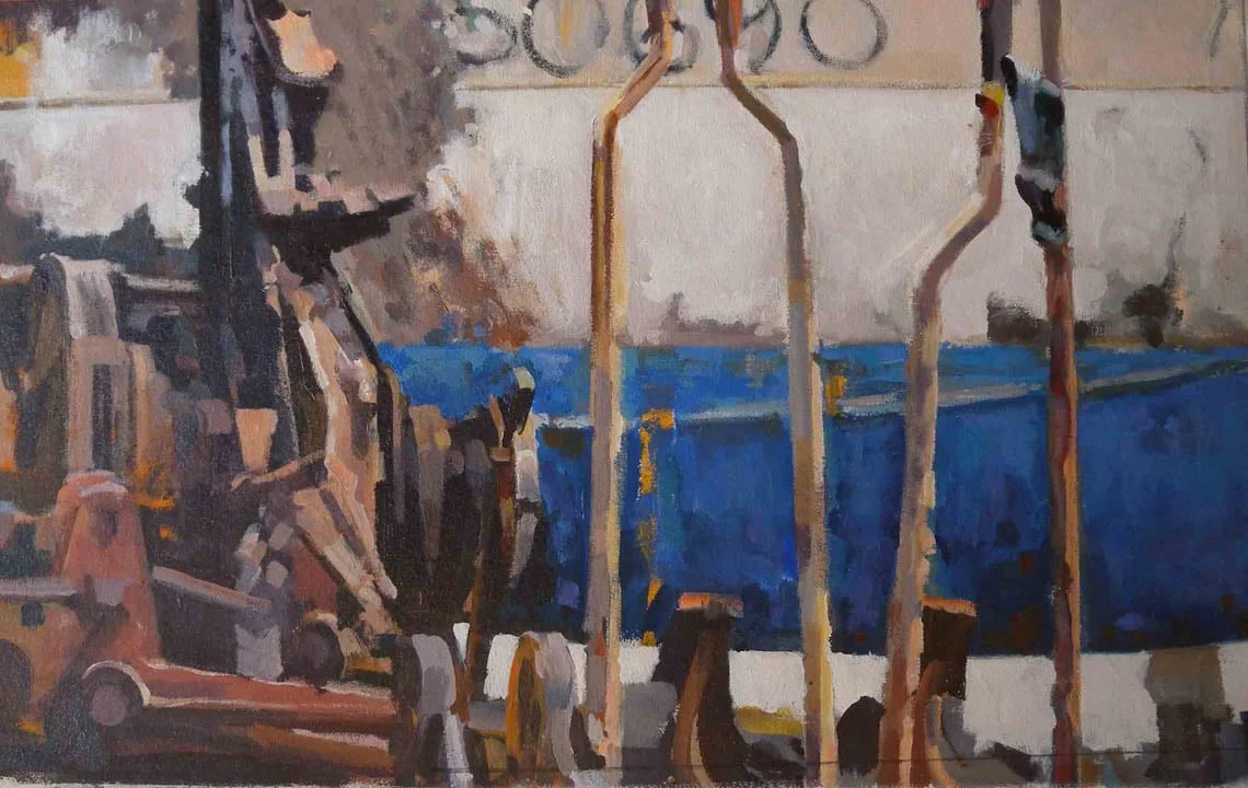 Demolition & Blue Life Boat (69), acrylic on canvas, 18 1/2" x 29 3/4"
