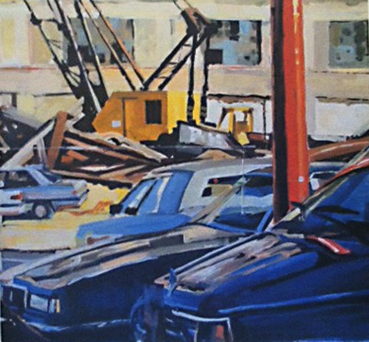  Cars, Yellow Crane &amp; Demolition, acrylic on paper, 28" x 36", 1990, on loan, promised to Federal Reserve Board Collection &nbsp; 