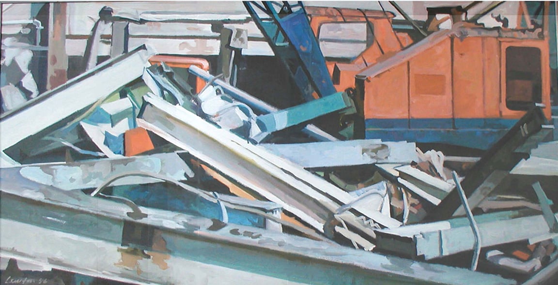  Bergman's Laundry Orange Crane &amp; Demolition, acrylic on canvas, 30 1/2" x 60", 1986, DC Commission on the Arts and Humanities Collection 