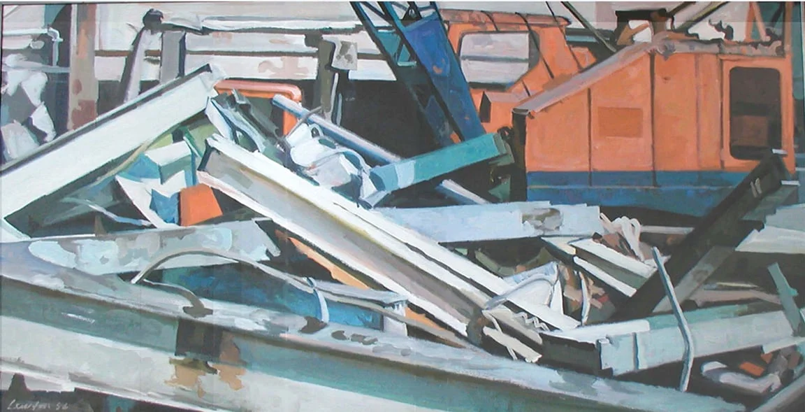 Bergman's Laundry Orange Crane & Demolition, acrylic on canvas, 30 1/2" x 60", 1986, DC Commission on the Arts and Humanities Collection