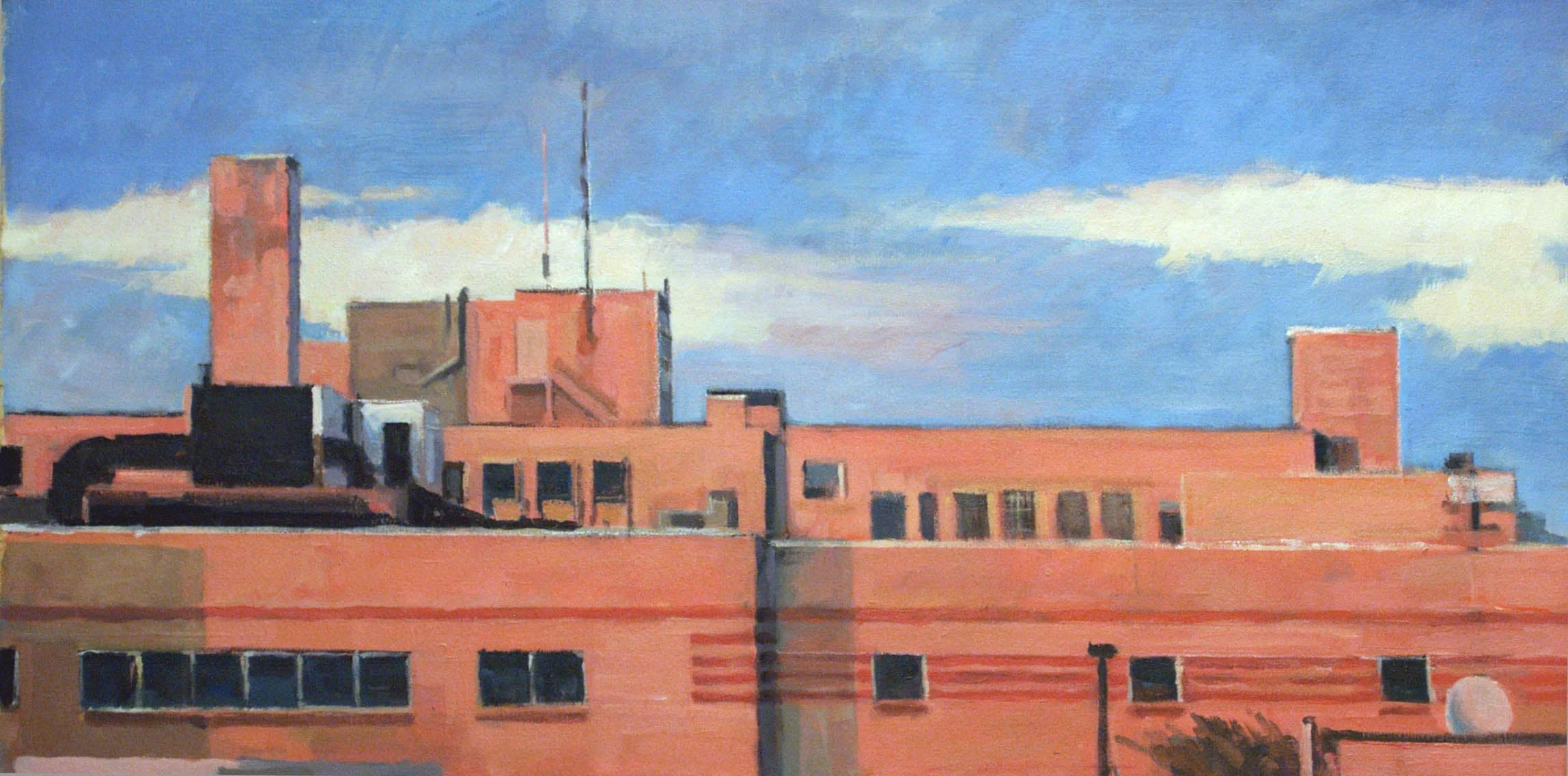 Bee Bee Orange Façade/Blue Sky, acrylic on canvas, 18 1/2" x 37"