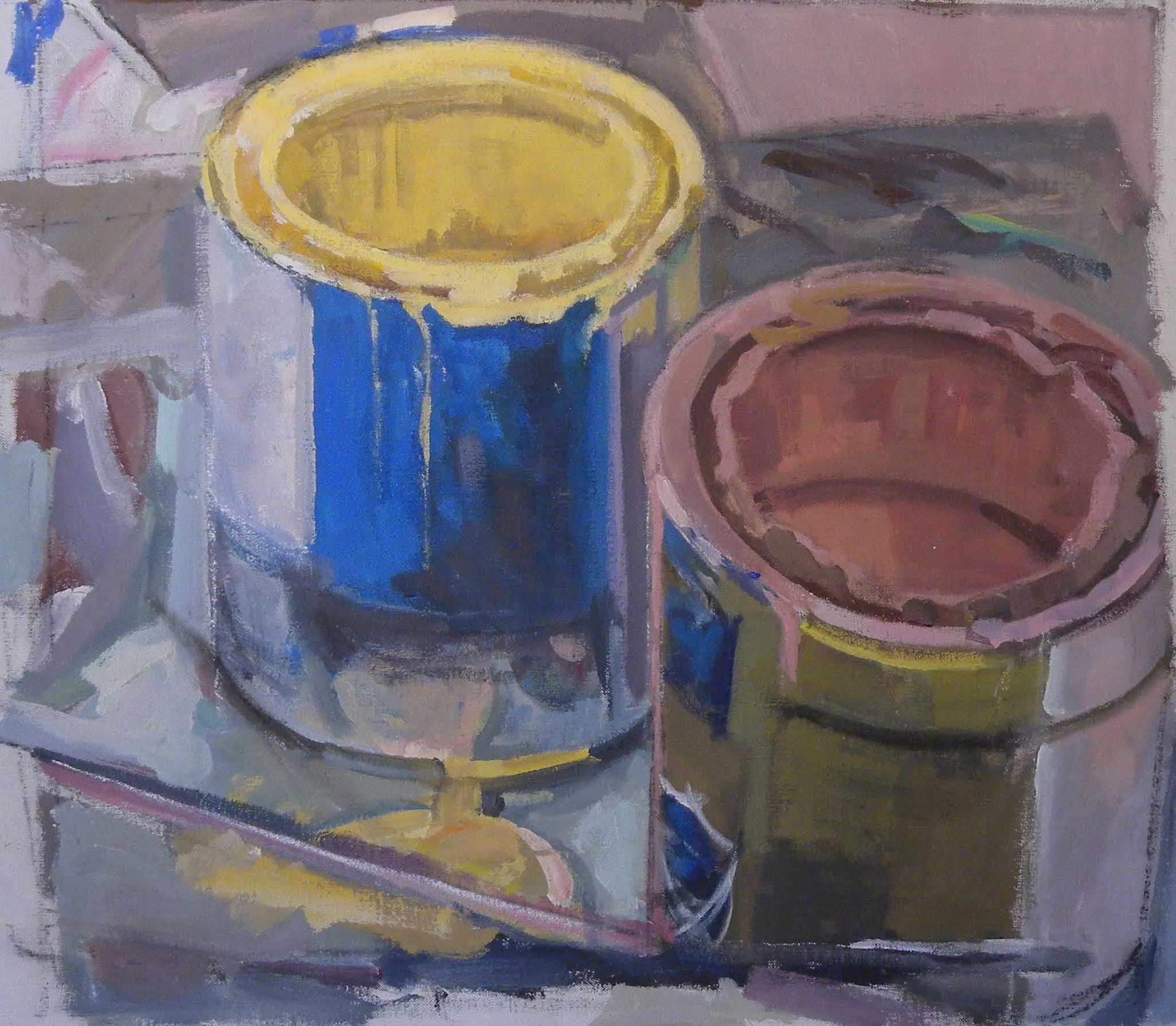 Paint Cans Pink & Blue, acrylic on canvas,20" x 22 1/2"