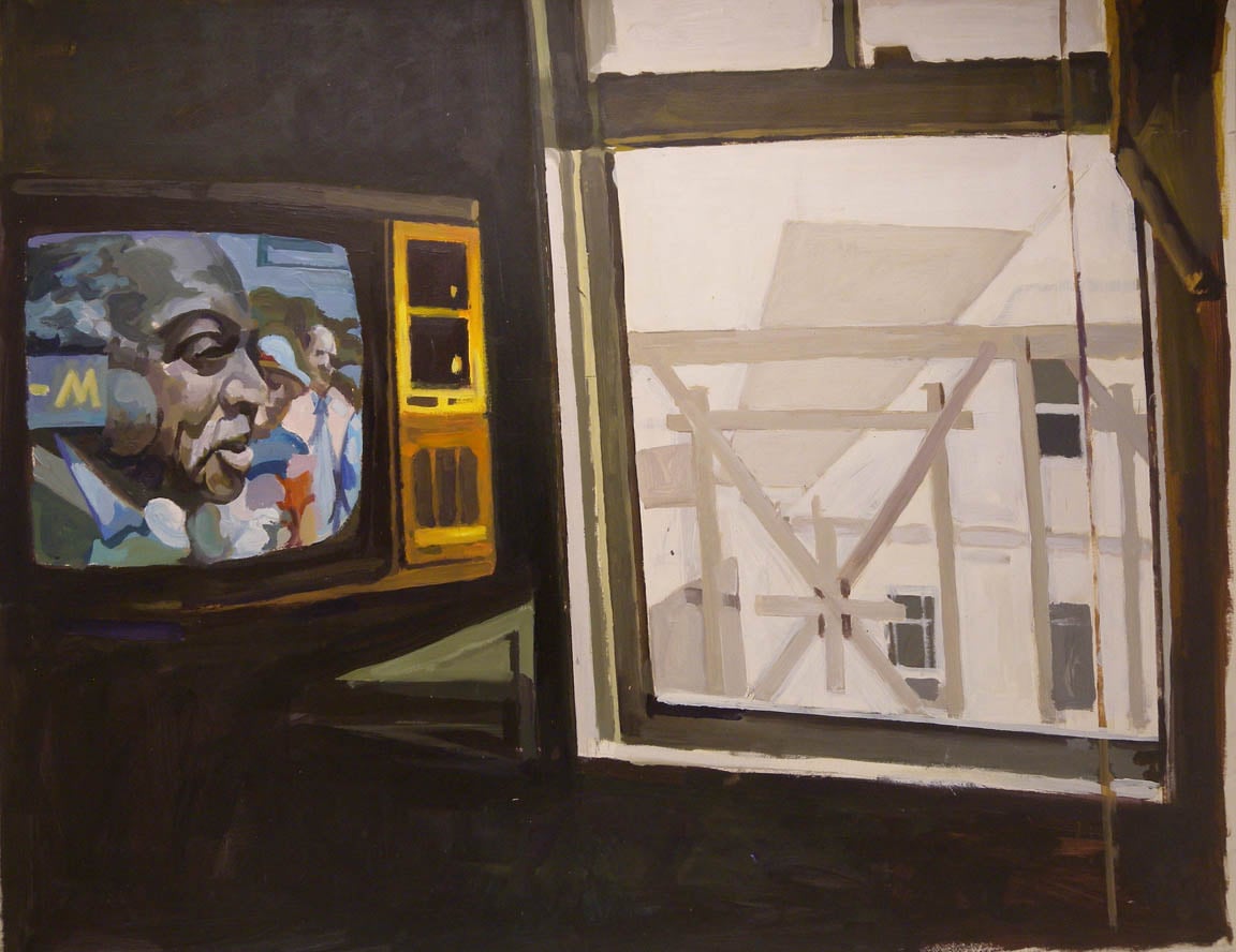 MLK on TV, Motel Room, acrylic on paper, 30 1/2" x 39", 1984
