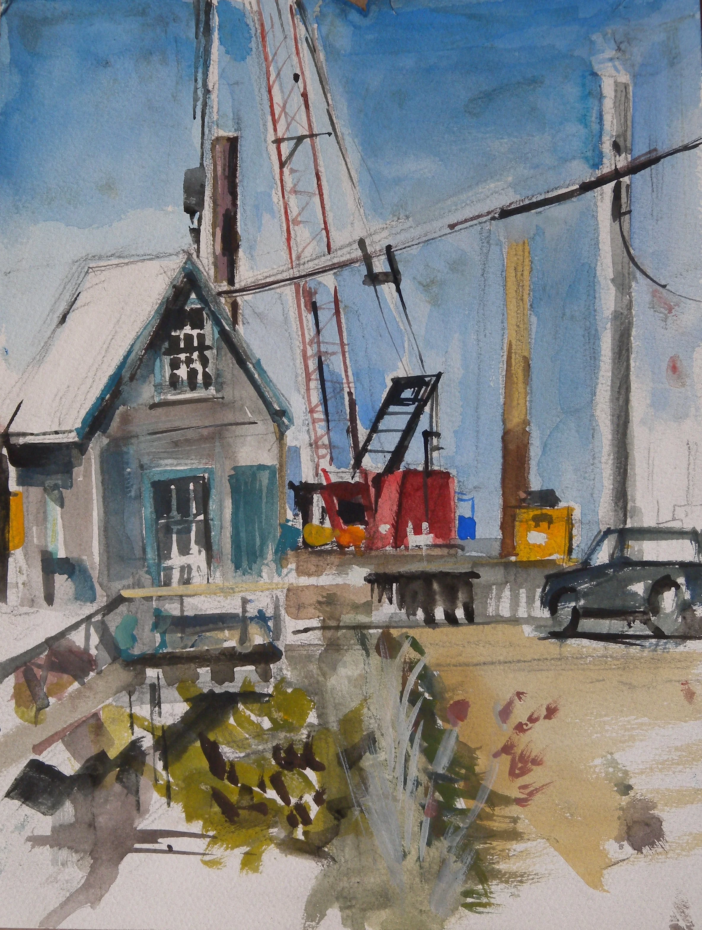 Red Crane at Menemsha, watercolor on paper, 12" x 9"