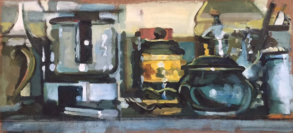 Still life with Coffee Maker, acrylic on linen, 13" x 29 1/2"