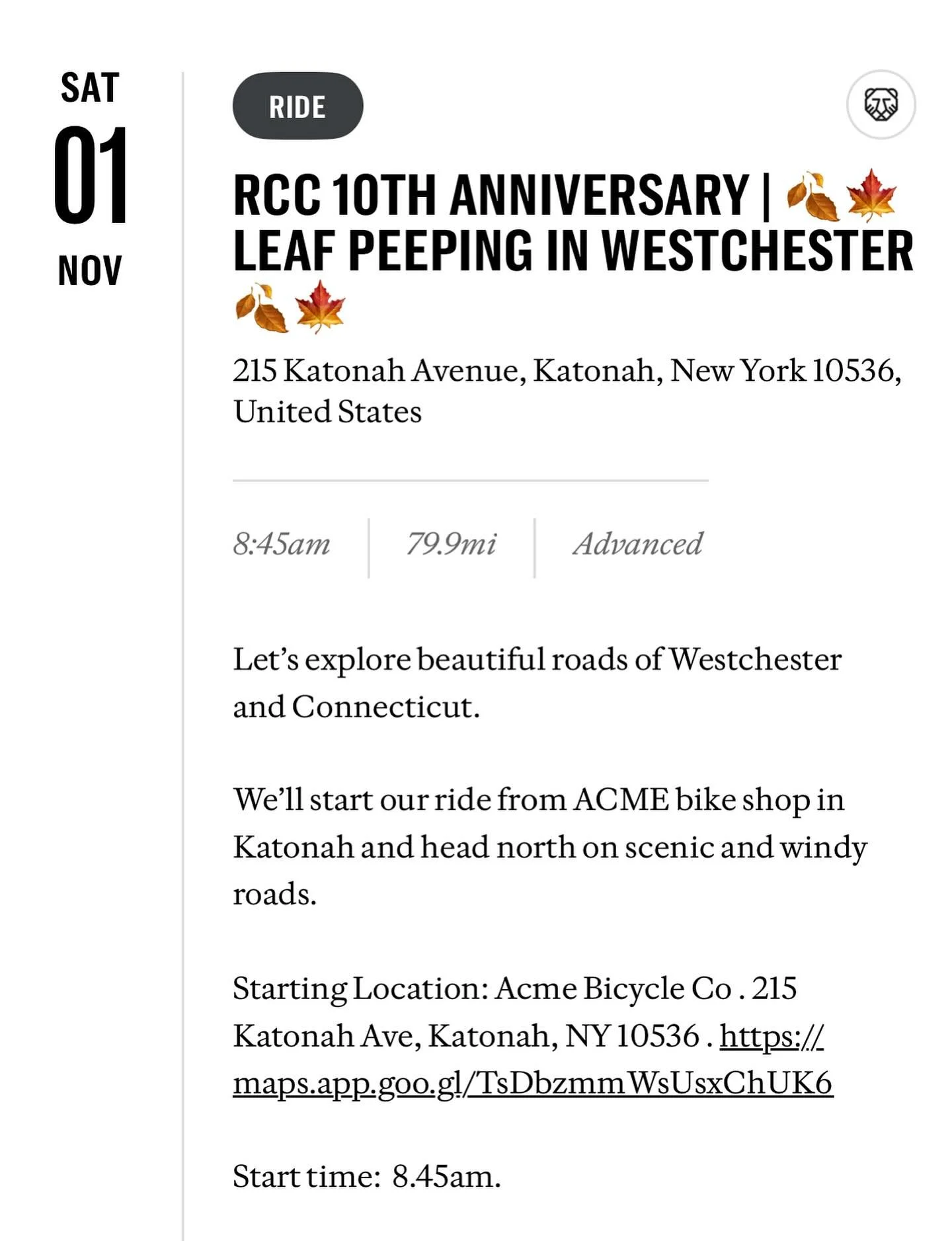 We&rsquo;ve got one of our last group road rides of the year with @rapha_newyork and @rapha_rcc coming up this Saturday, November 1 🍂🍁

To celebrate the RCC&rsquo;s 10th Anniversary, we&rsquo;ll head out for 79.9 miles of beautiful upstate roads th