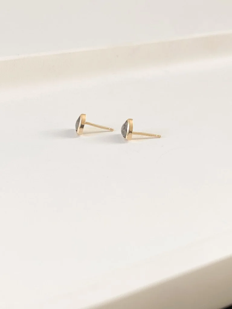 rose cut trillion salt and pepper diamond bezel stud earrings studs toronto Kim Drosdick Jewellery side view
