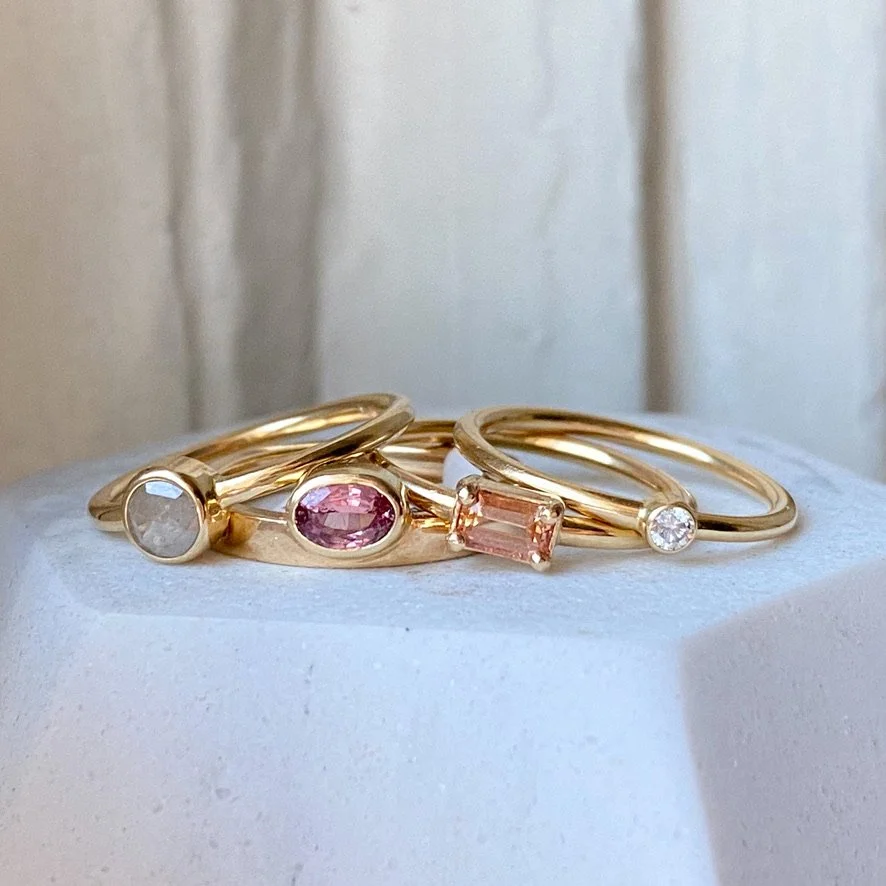 rose cut salt and pepper diamond ring solitaire bezel set engagement ring Kim Drosdick Jewellery ring stack assorted rings alternative engagement