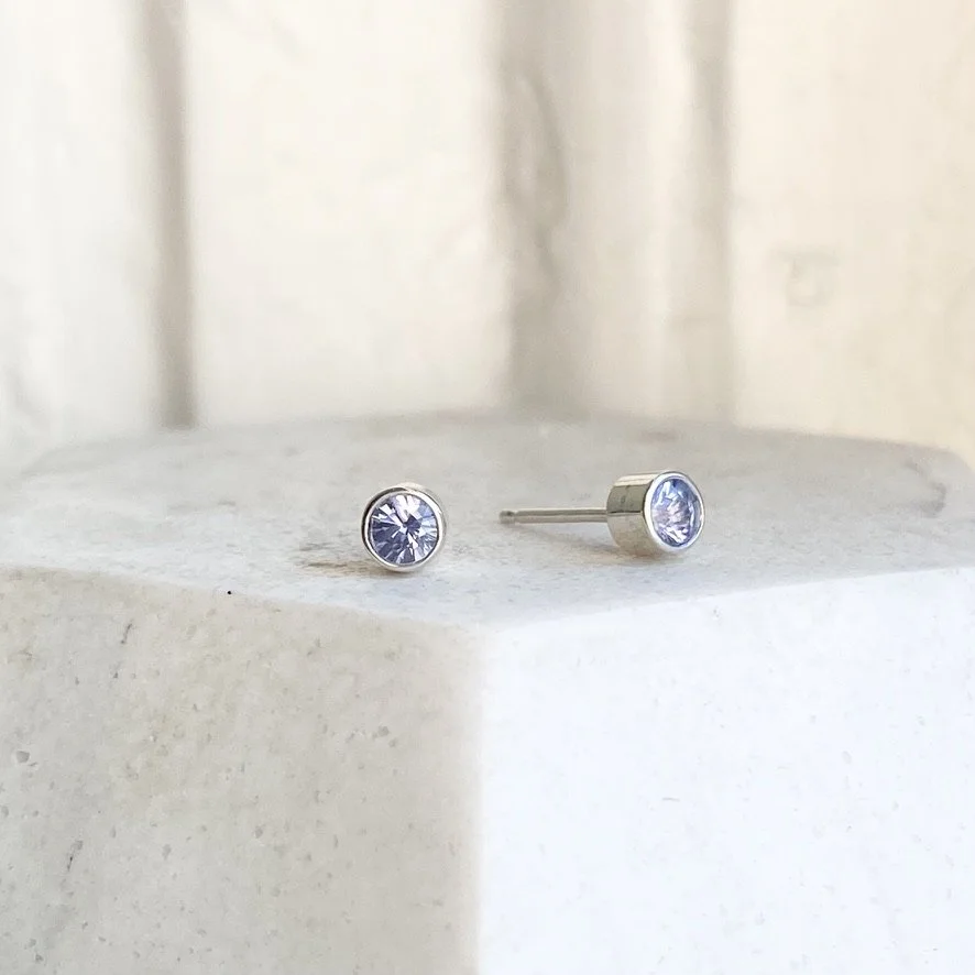 periwinkle blue sapphire studs bezel set made by Kim Drosdick Toronto Jeweller
