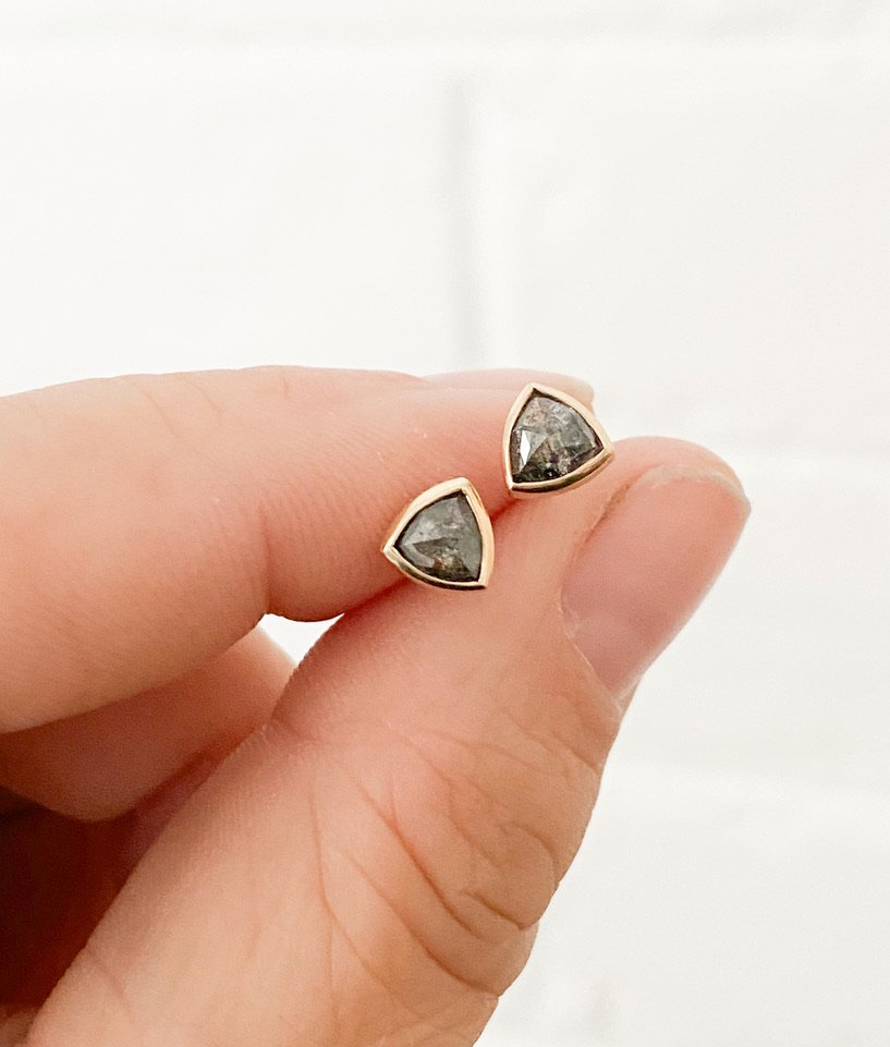 rose cut trillion salt and pepper diamond bezel stud earrings studs toronto Kim Drosdick Jewellery in hand
