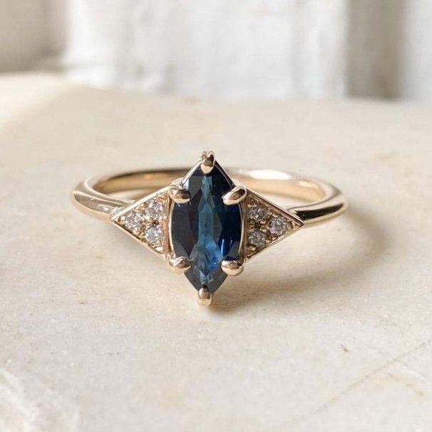 Dark Blue Sapphire Marquise Side Diamond Engagement Ring Kim Drosdick Toronto