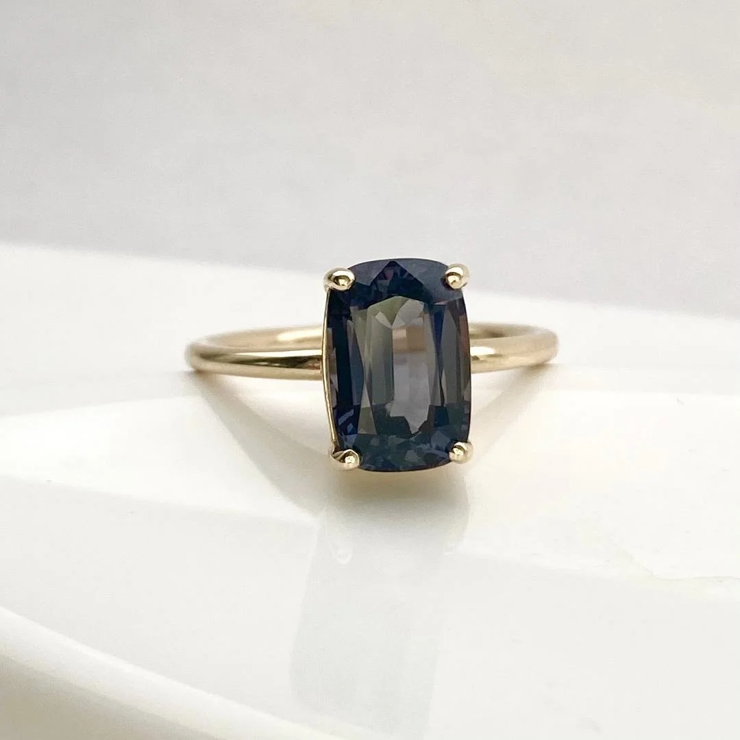 dark blue cushion cut spinel solitaire engagement ring 14ky recycled gold Kim Drosdick Toronto