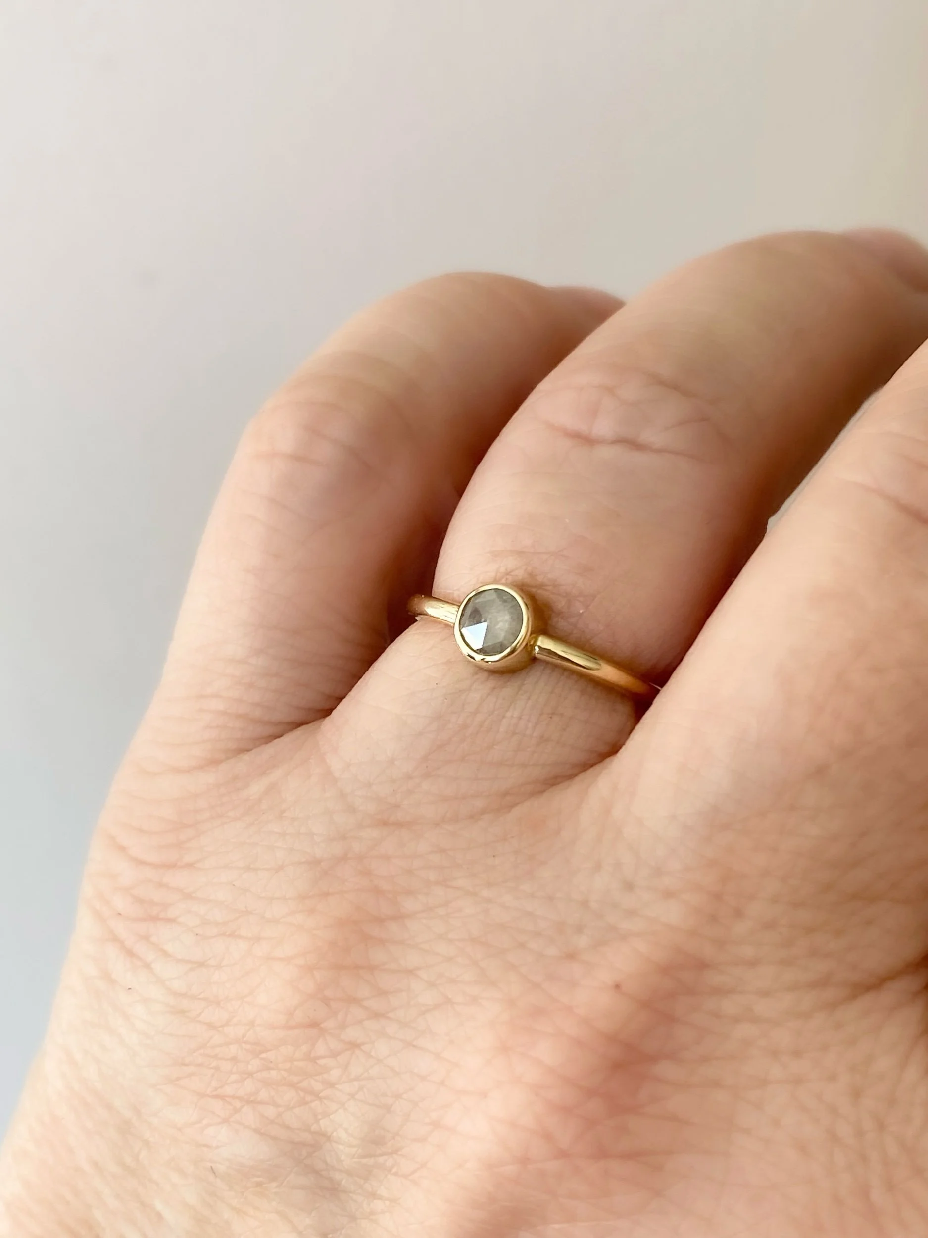 rose cut salt and pepper diamond ring solitaire bezel set engagement ring Kim Drosdick Jewellery