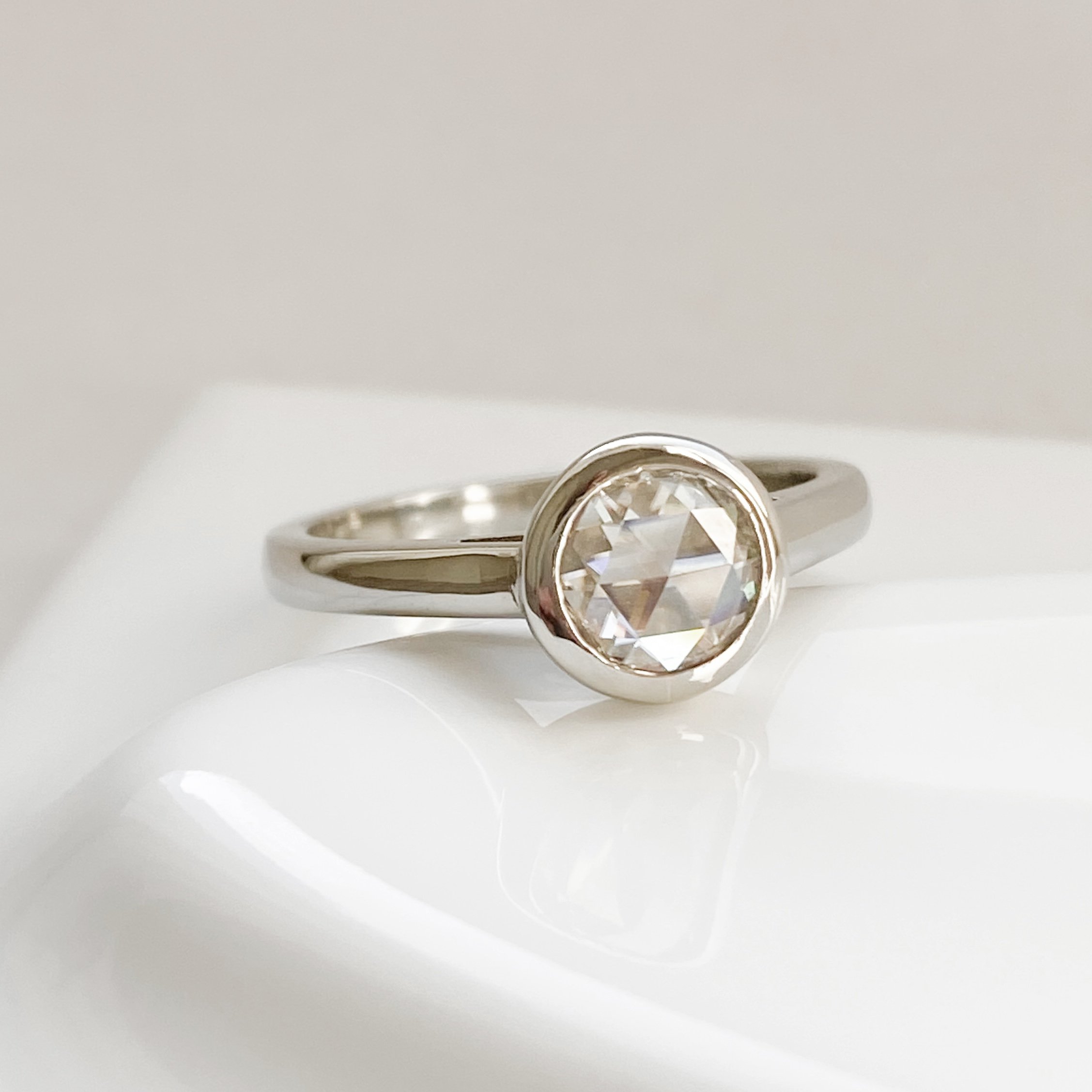 rose cut moissanite bezel set engagement ring solitaire Kim Drosdick Jewellery Toronto recycled gold