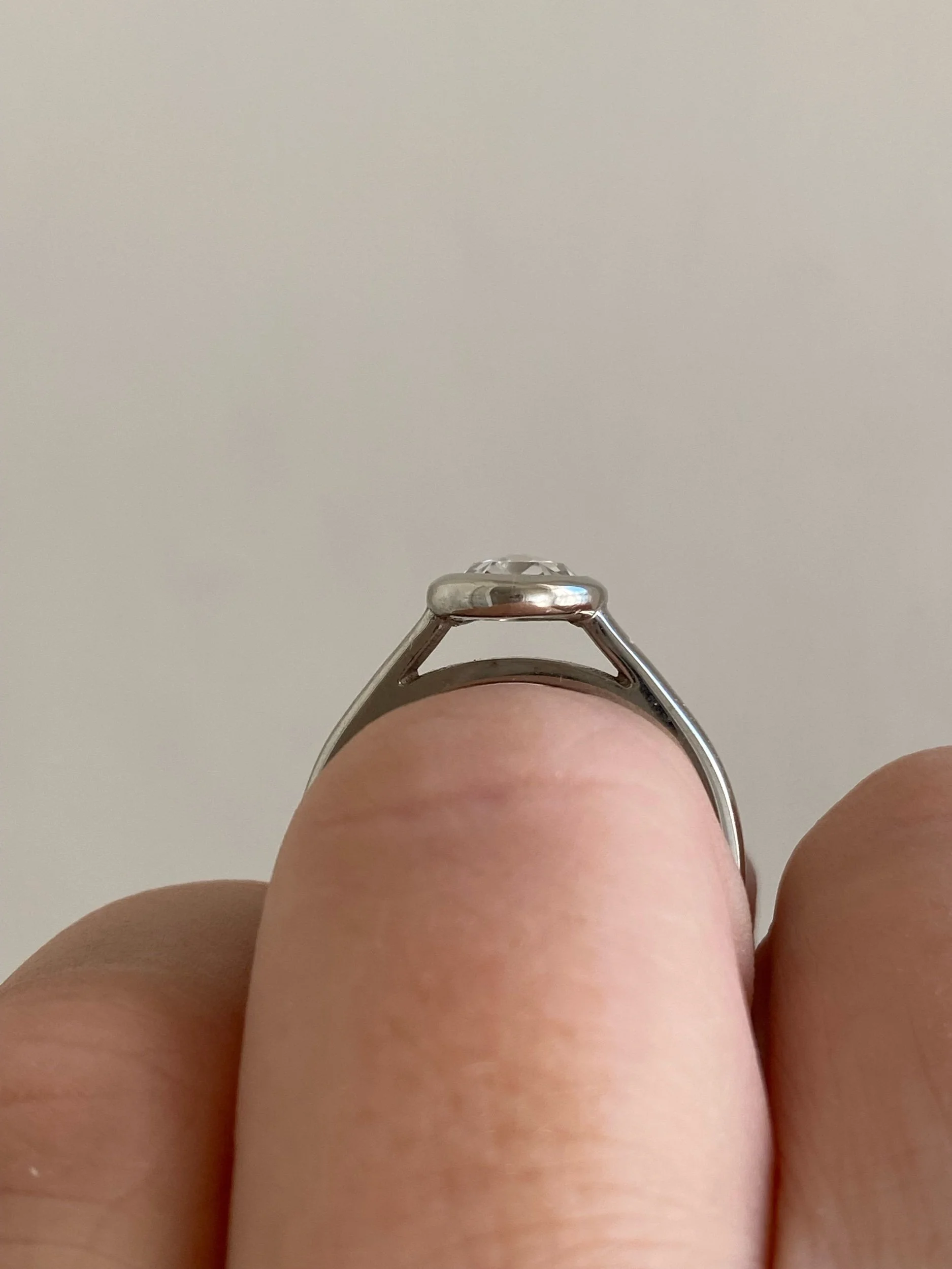 rose cut moissanite bezel set engagement ring solitaire Kim Drosdick Jewellery Toronto recycled gold on hand side view