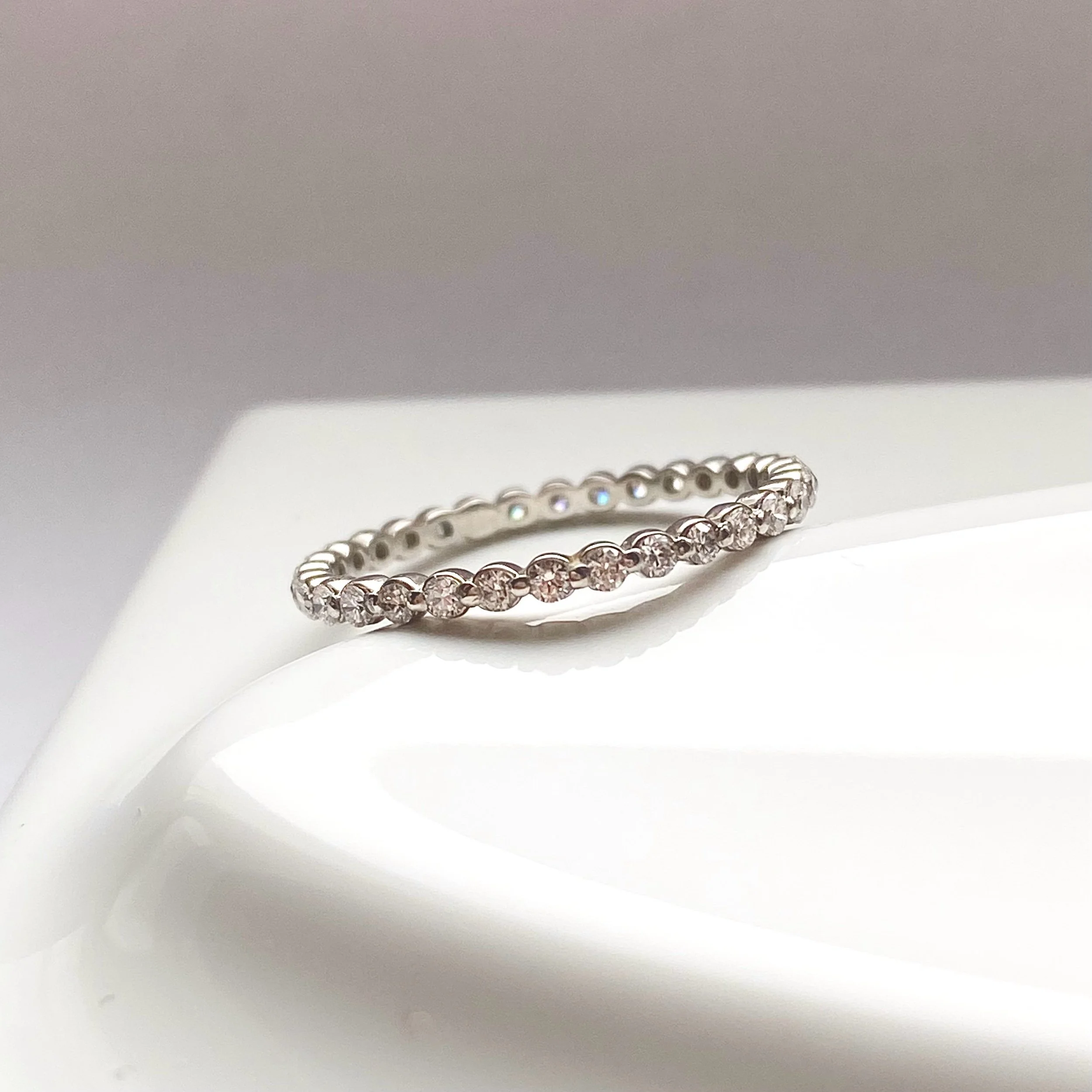 lab diamond platinum eternity wedding stacking ring shared single claw on prop