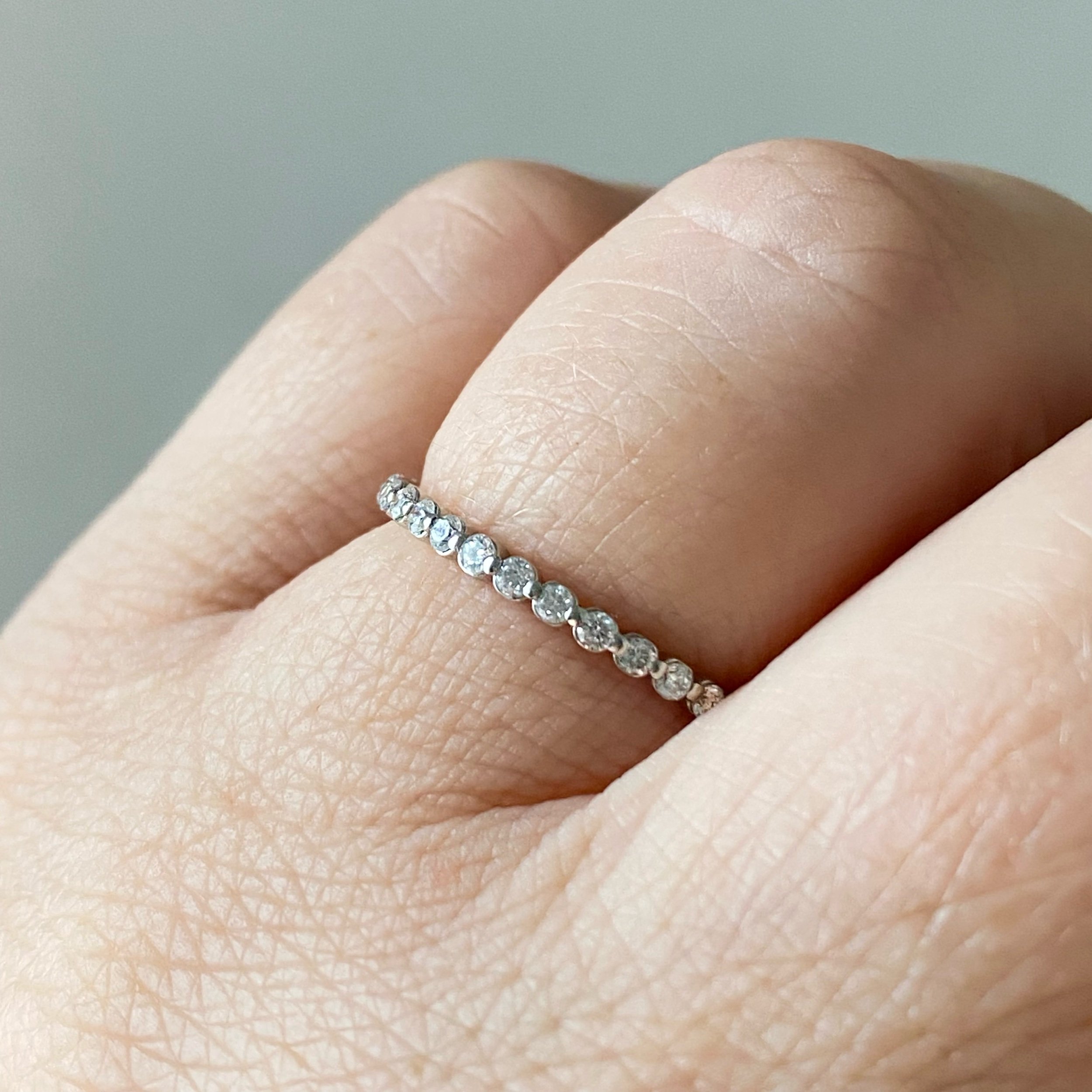 lab diamond platinum eternity wedding stacking ring shared single claw on hand