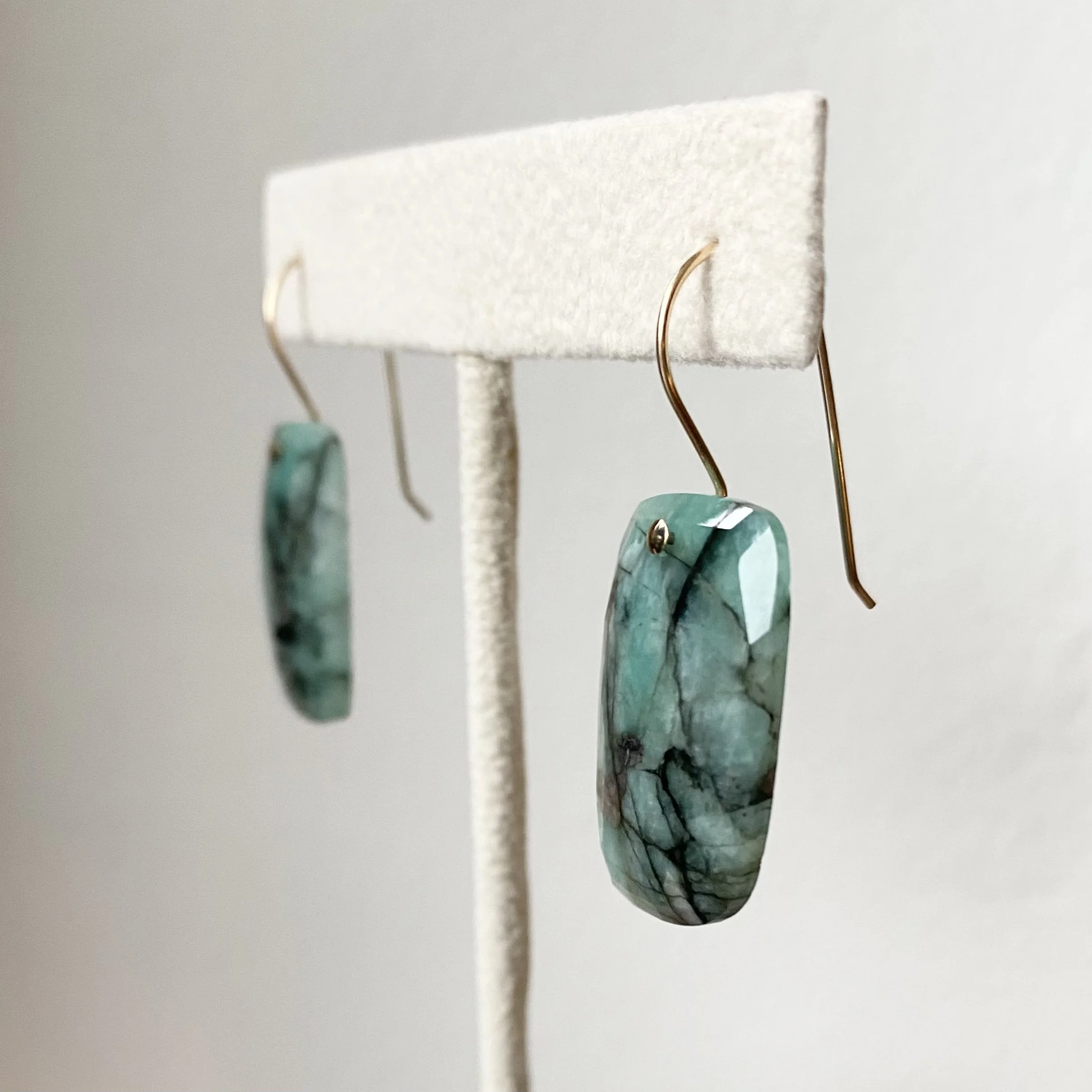 rose cut emerald drop earrings gold filled handmade side view kim drosdick toronto