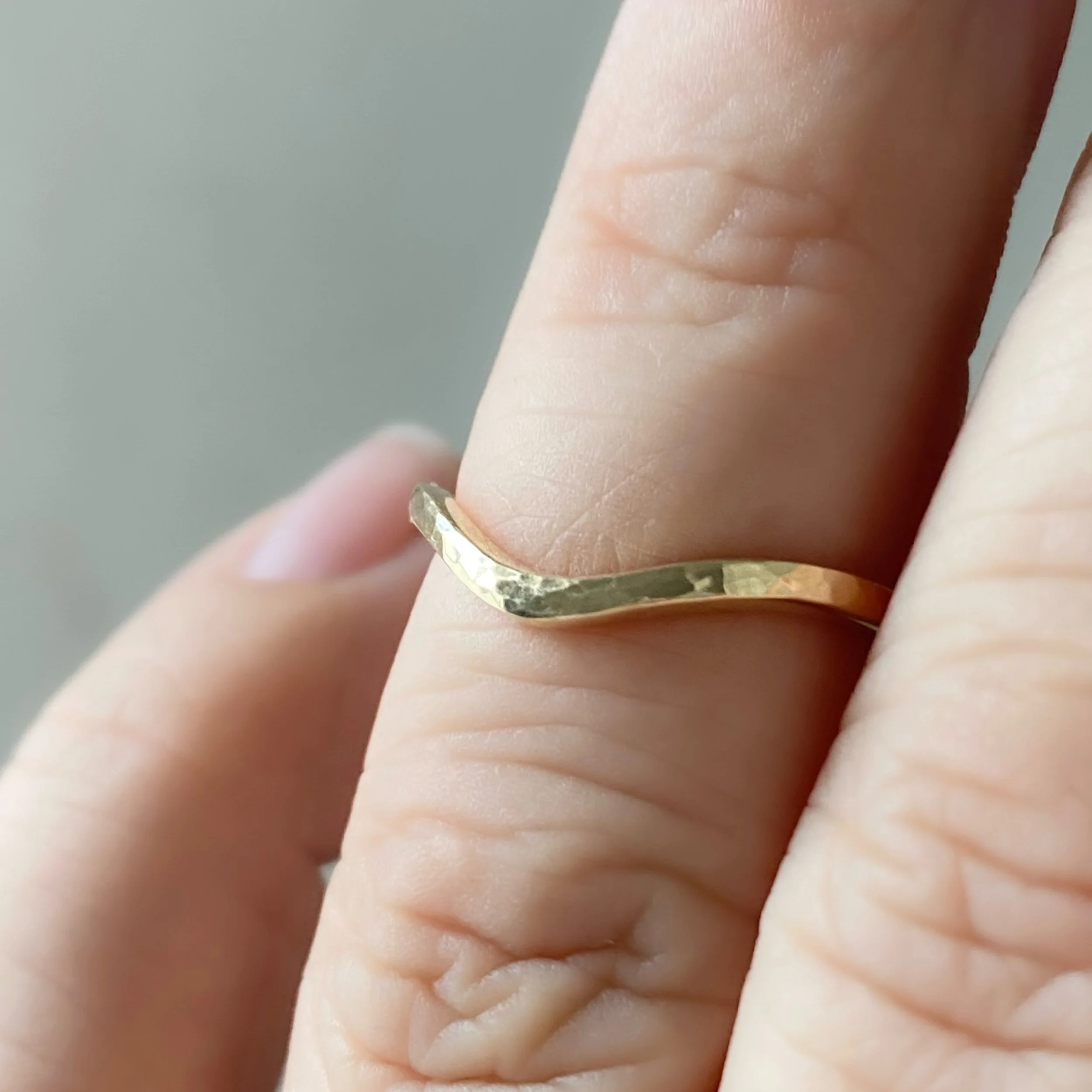 narrow hammered recycled 14k yellow gold contour wedding ring stacking band polished on hand boho organic vintage kim drosdick toronto