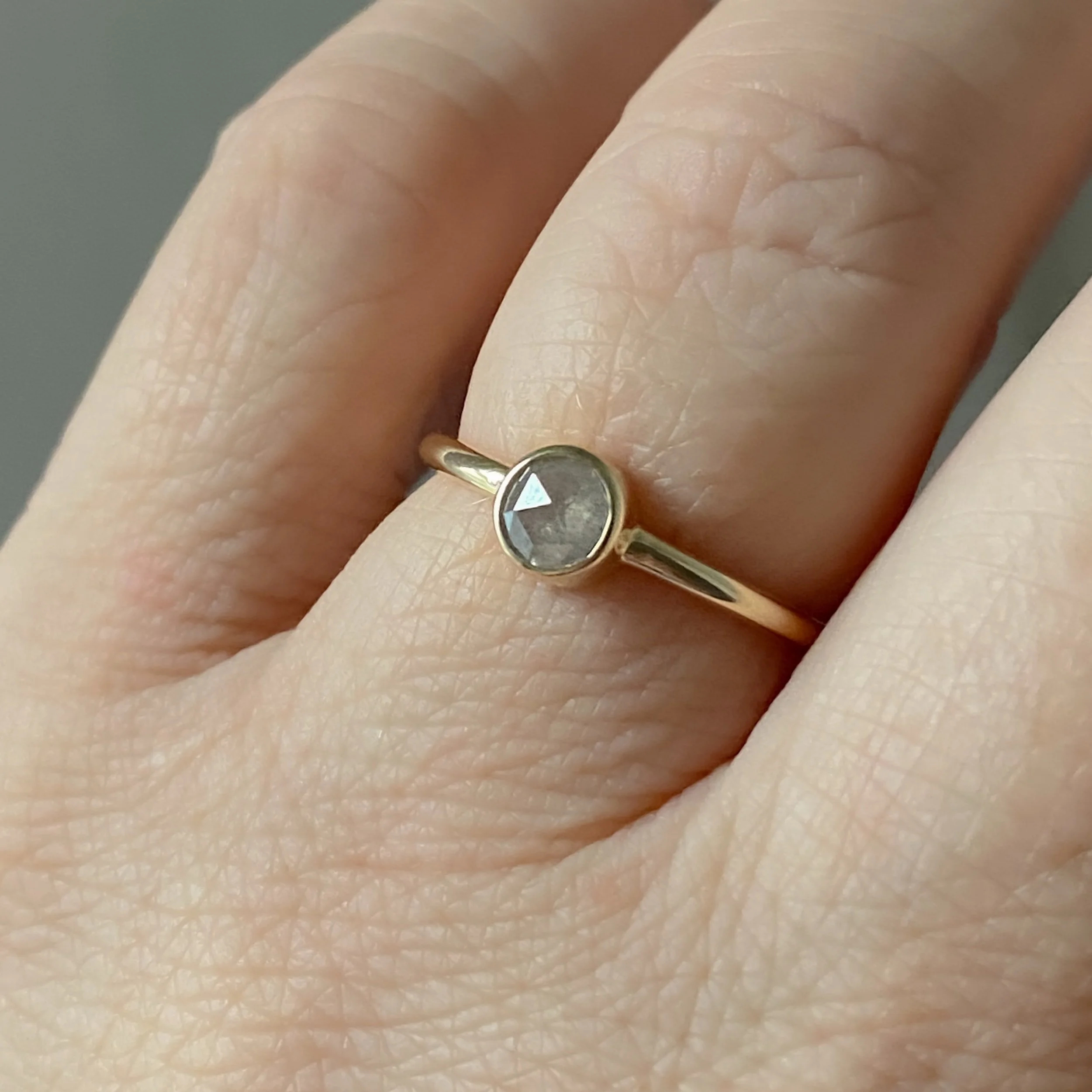 silvery salt pepper round rose cut diamond bezel set engagement stacking ring on hand Kim Drosdick Toronto