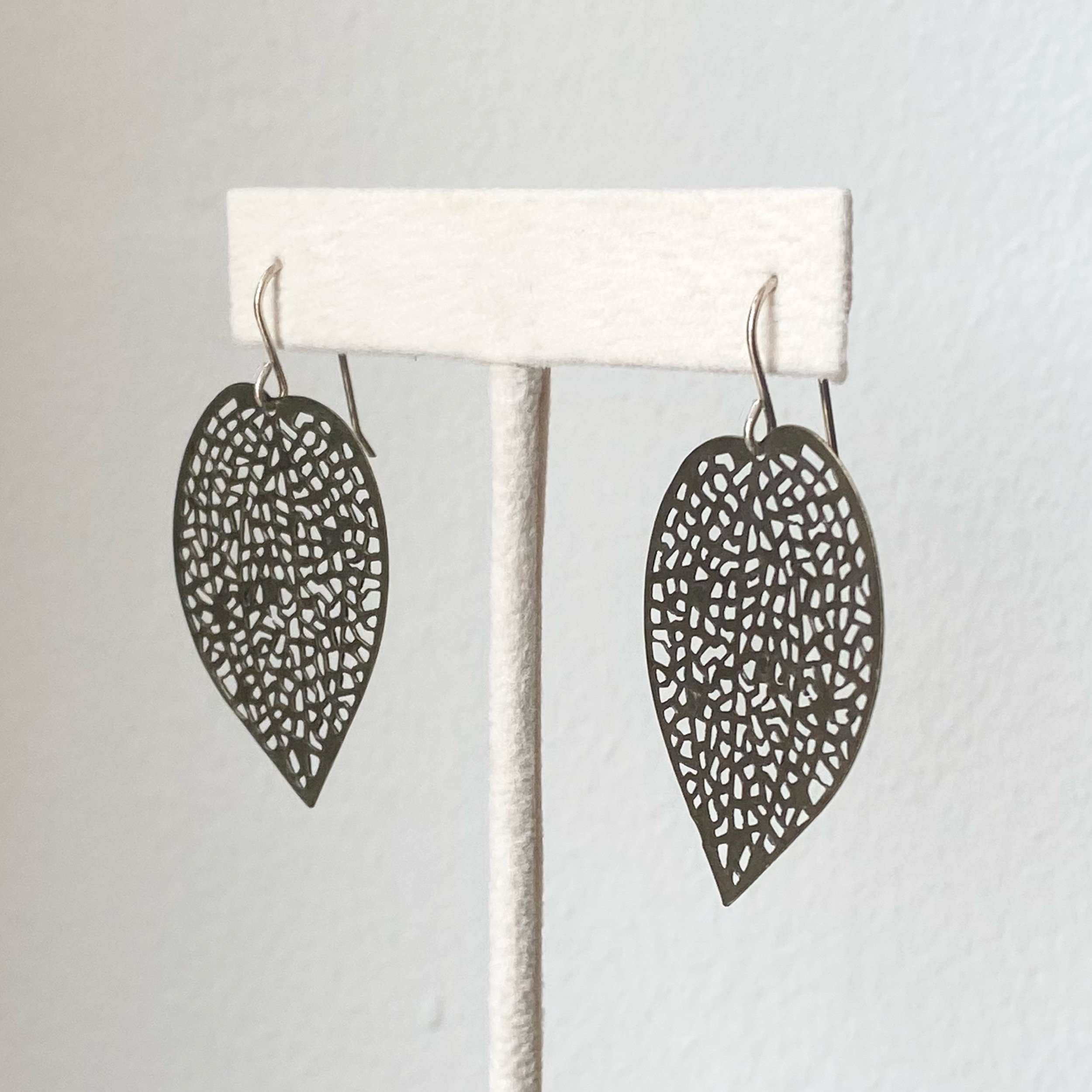 pierced organic antiqued gold leaf drop earrings sterling silver ear wires side view Kim Drosdick Toronto