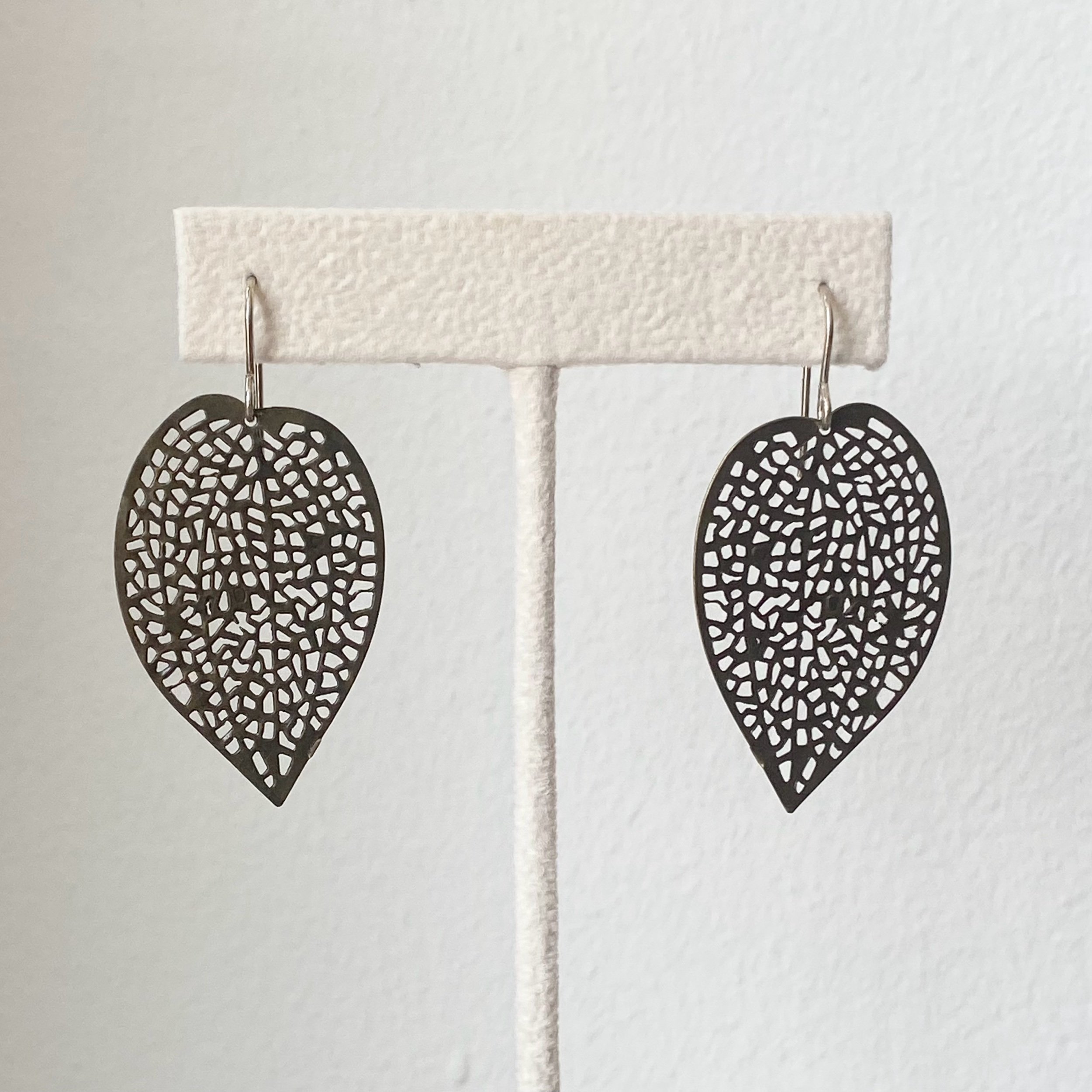pierced organic antiqued gold leaf drop earrings sterling silver ear wires front view Kim Drosdick Toronto
